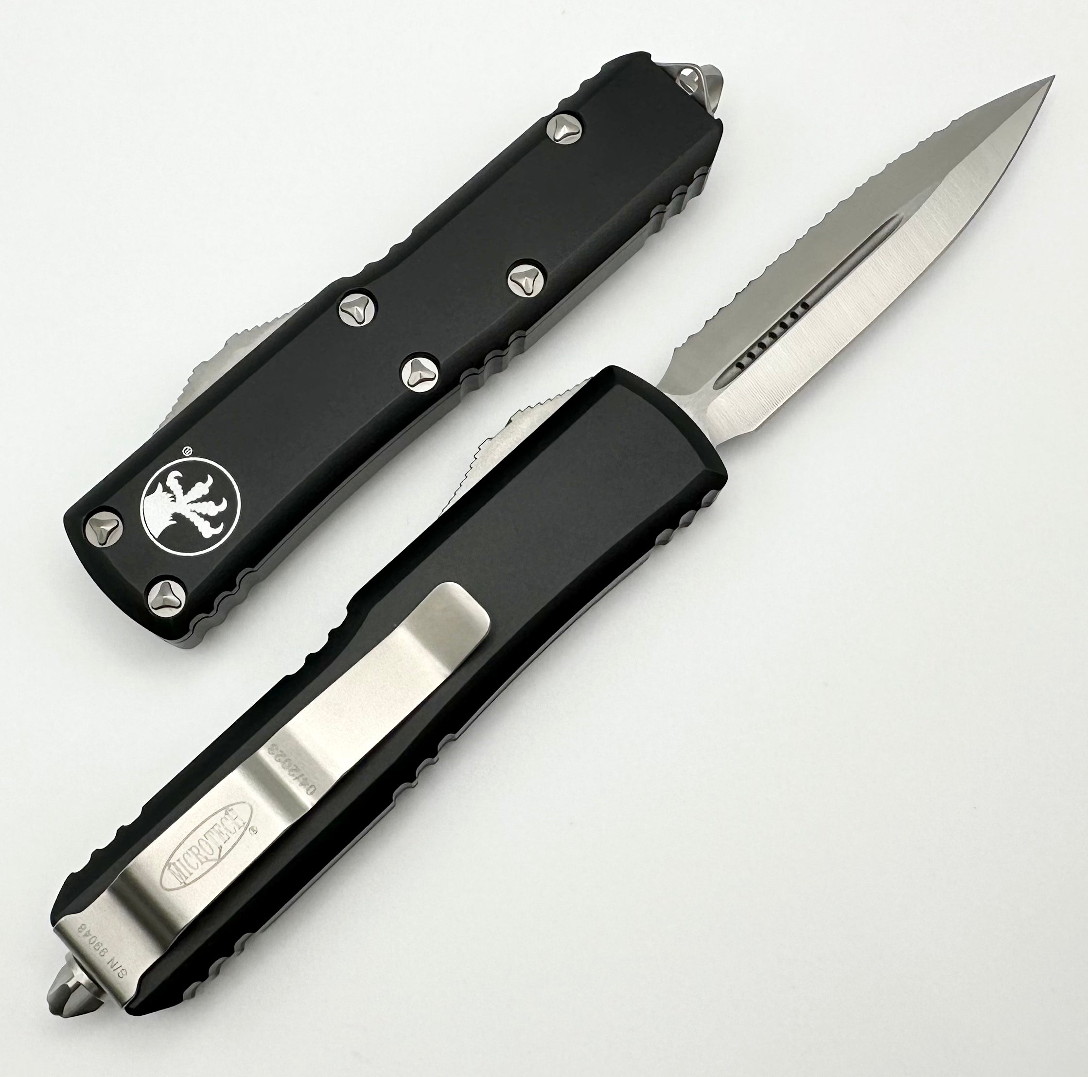 Microtech UTX-85 Premium EDC Knife - Double Edge Satin Full Serrated & Black