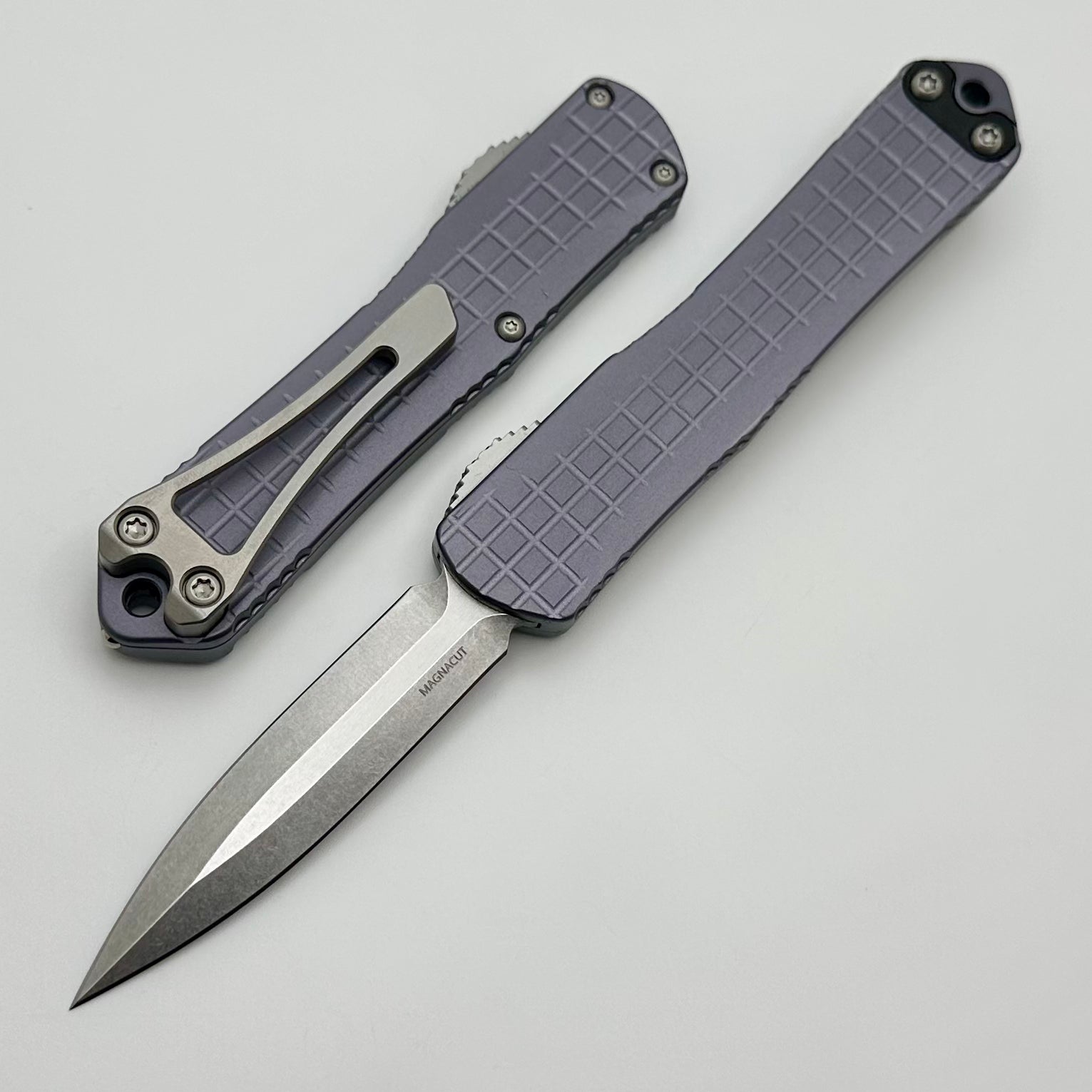 Heretic Knives Manticore S Gray Frag Grenade Grip - Ultimate Compact OTF Knife with MagnaCut Blade