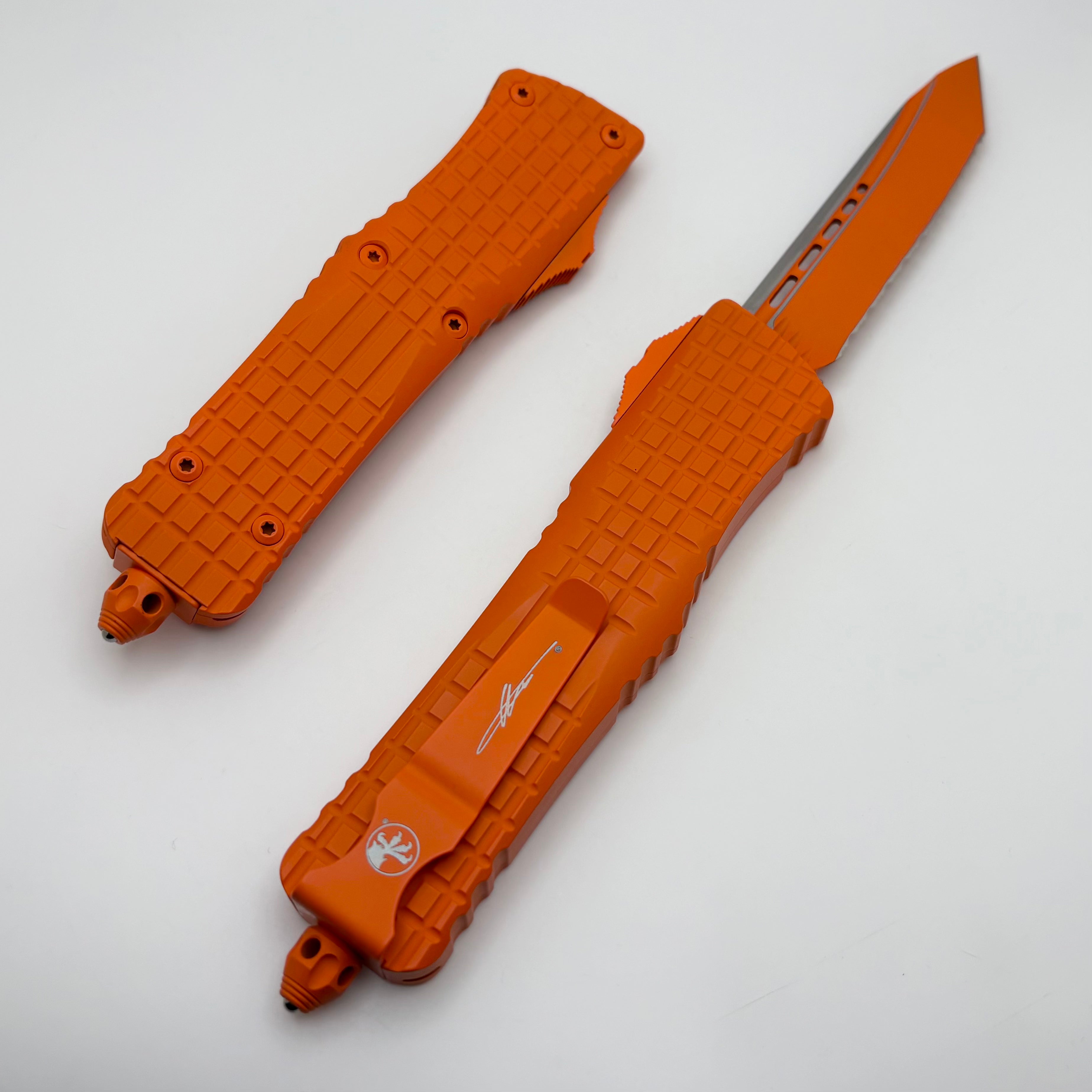 Premium Microtech Combat Troodon Automatic Knife - Orange Cerakote Frag w/ Full Serrated T/E