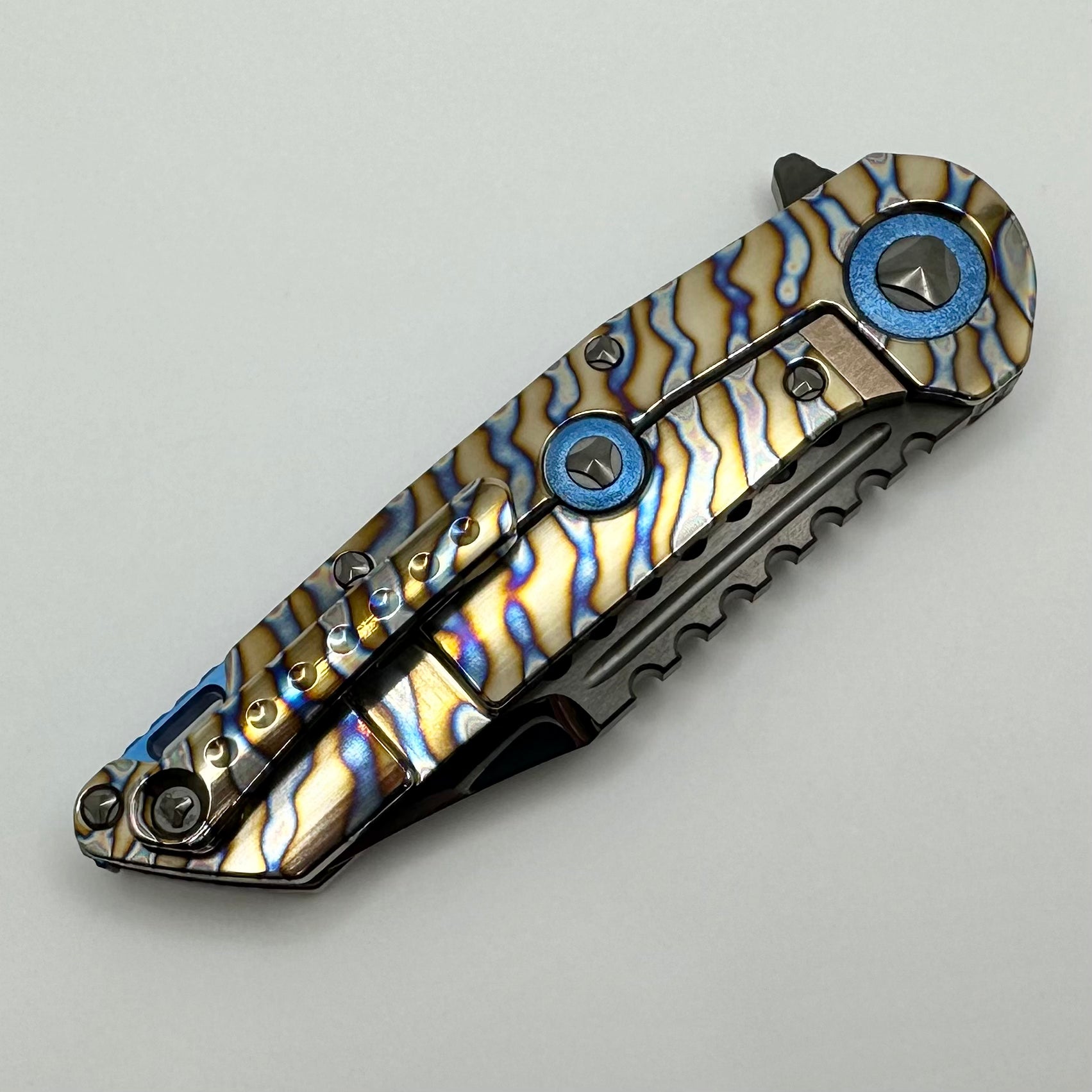 Marfione Custom Warhound Knife - Premium DLC Diamondwash Finish & Flamed Titanium Handles with Blue Accents