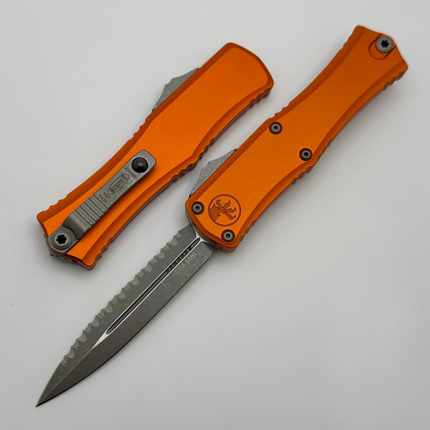 Microtech Premium Mini Hera Apocalyptic Serrated Knife - Orange Handle, M390MK Steel