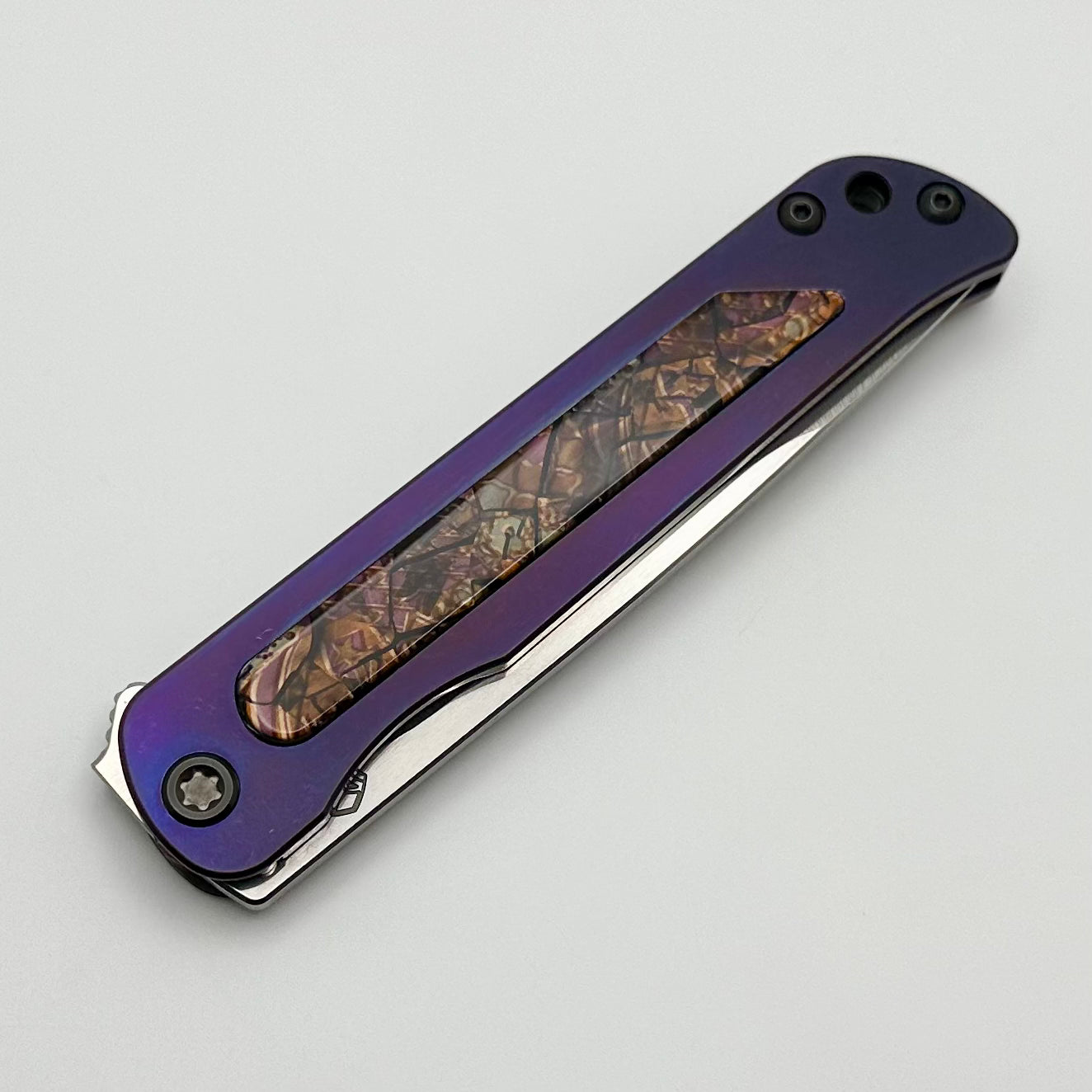 Premium Medford T-Bone Bronze Titanium Flipper Knife - Violet Safari Handles & Black Hardware