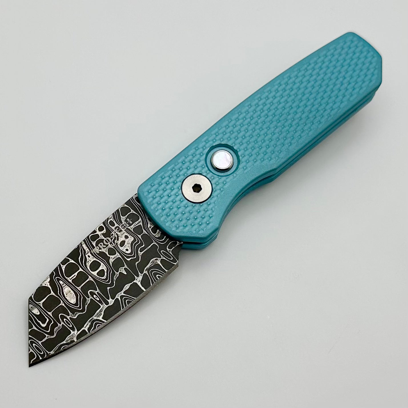 Pro-Tech Runt 5 Premium EDC Knife - Tiffany Blue Handle & Damascus Reverse Tanto Blade | Show Atlanta 2024