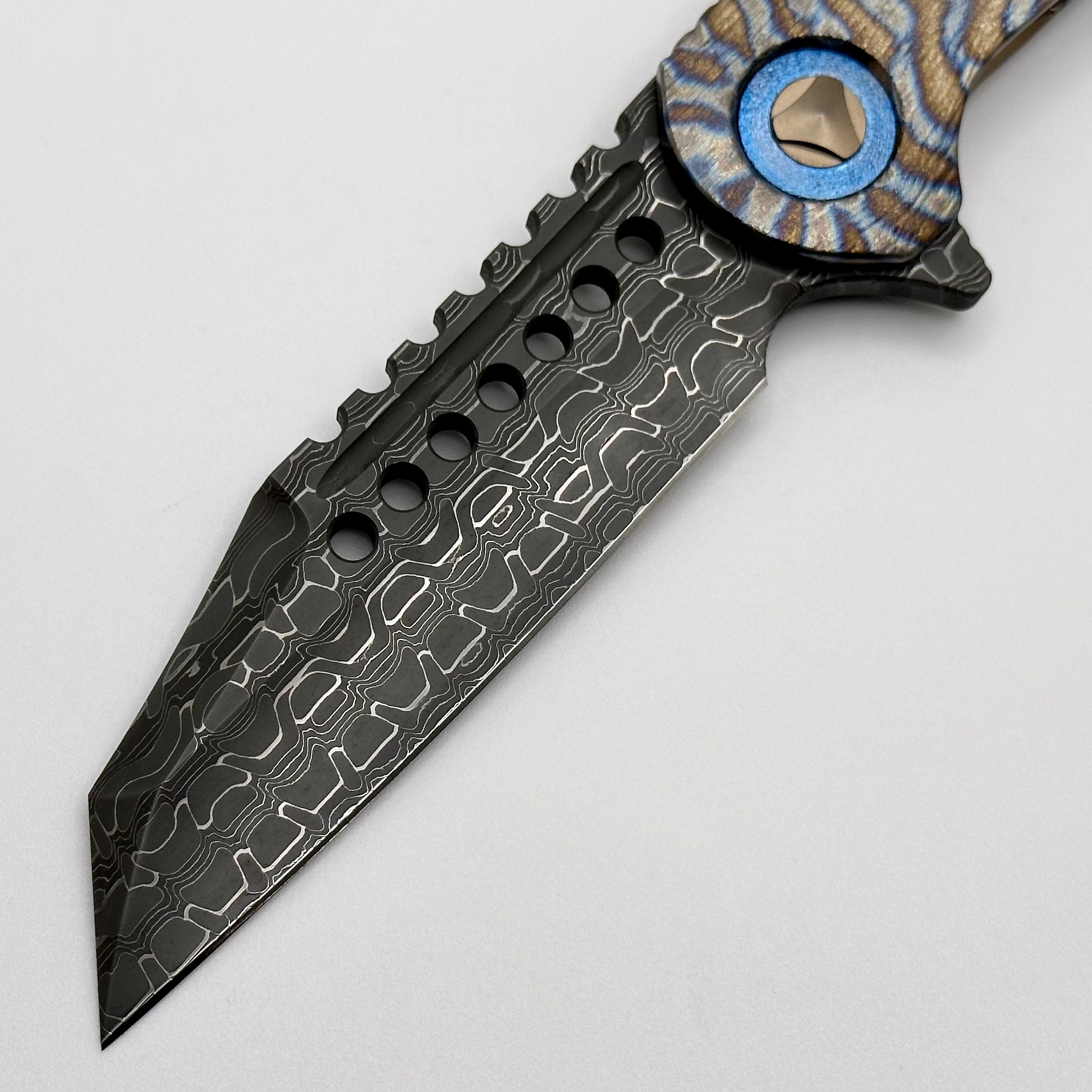 Premium Marfione Custom Warhound Titanium Knife with Blue Ti Hardware & Vegas Forge Reptilian Damascus Blade