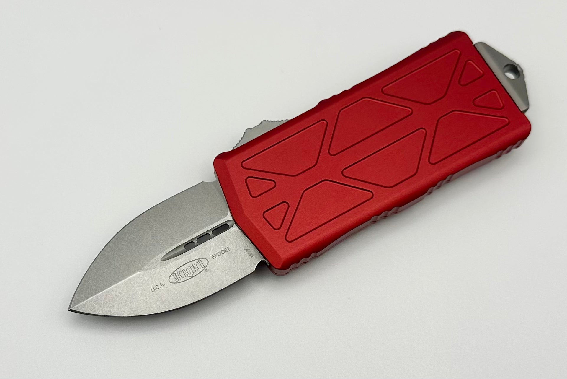 Premium Microtech Exocet Double Edge Knife - Stonewash & Red Edition