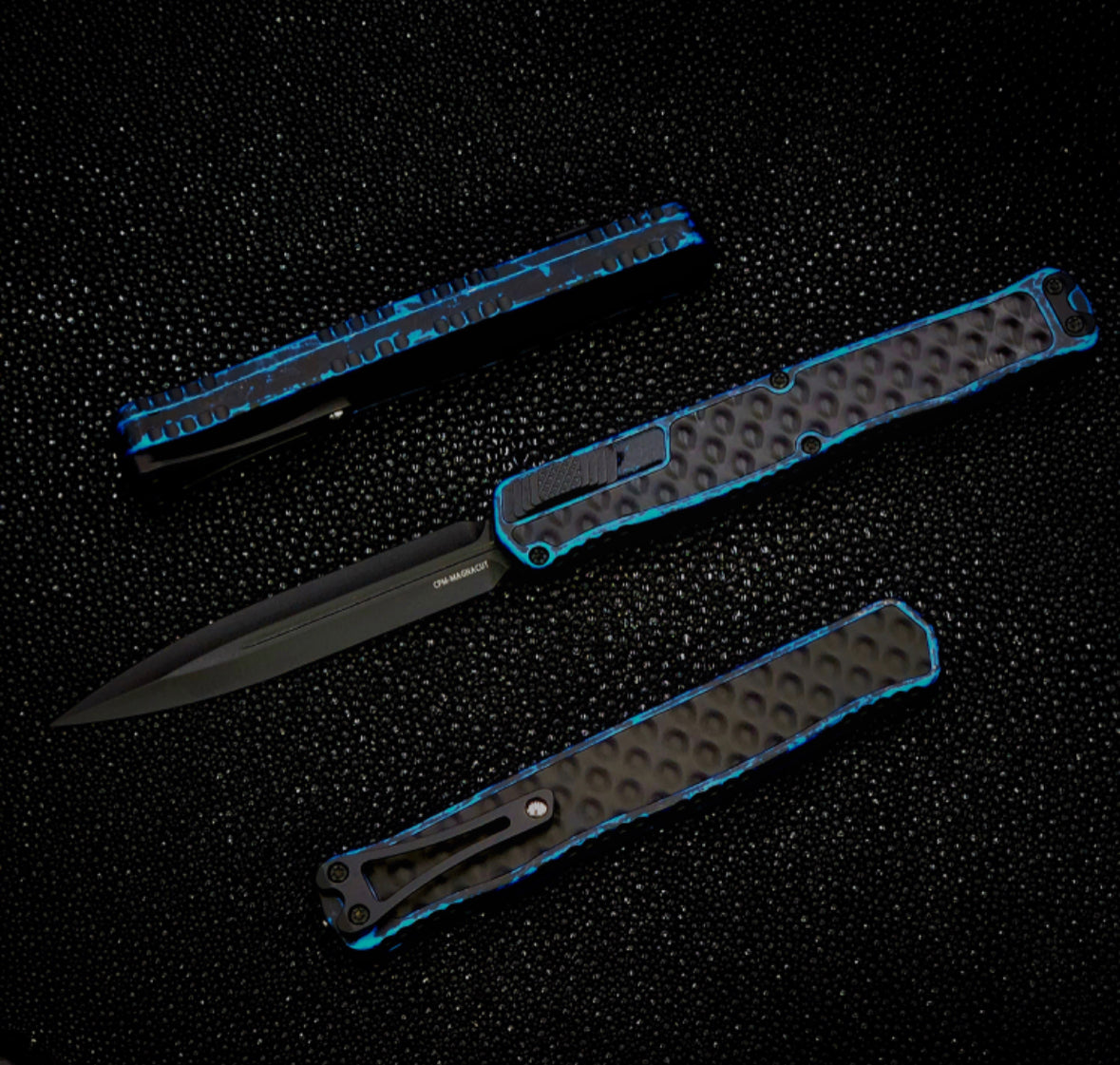 Heretic Knives Cleric II 2 Black Double Edge Magnacut - Premium Tactical Knife with Breakthrough Blue & Black Stainless Bubble Inlays