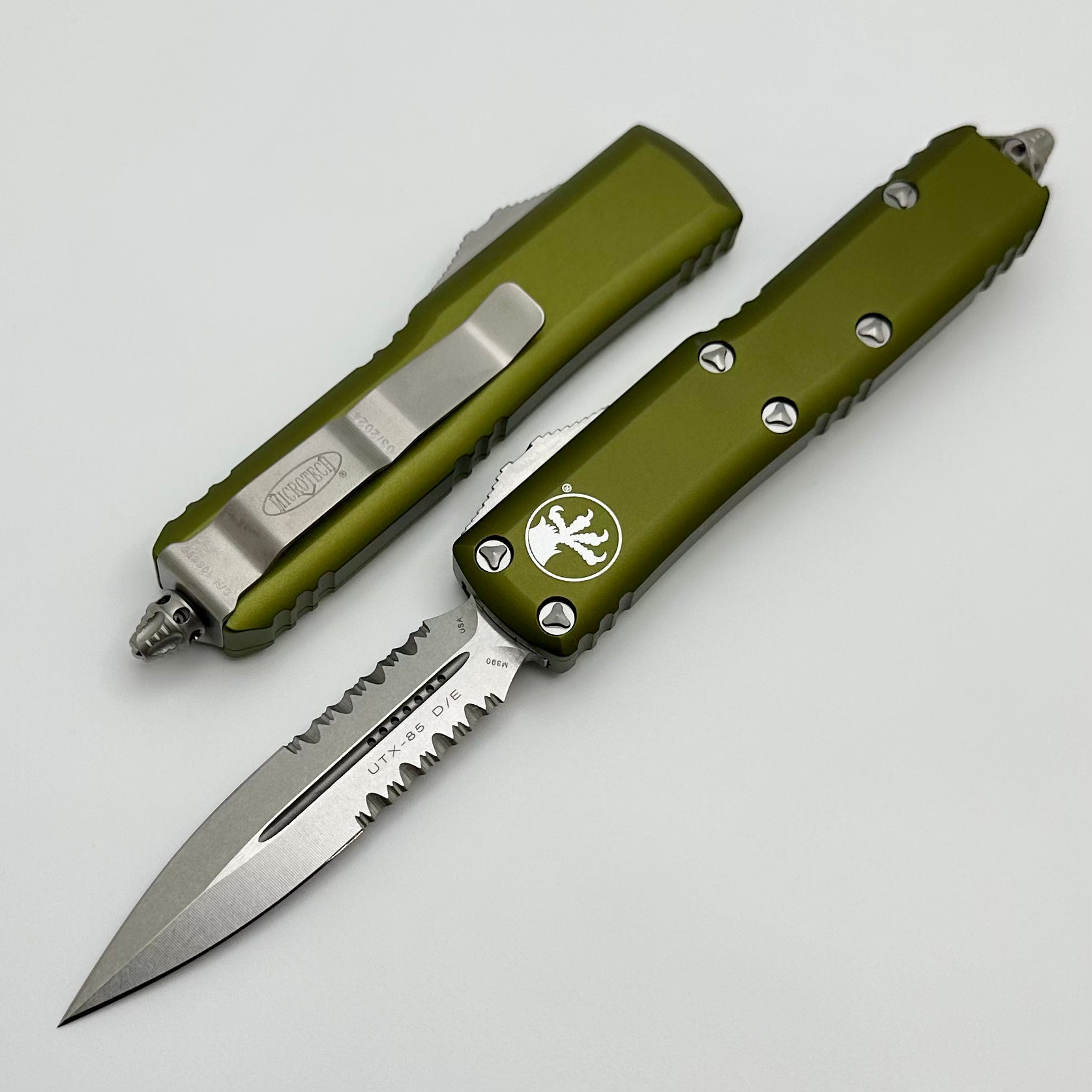 Microtech UTX-85 Premium EDC Knife - Double Edge Stonewash, Partial Serrated, OD Green