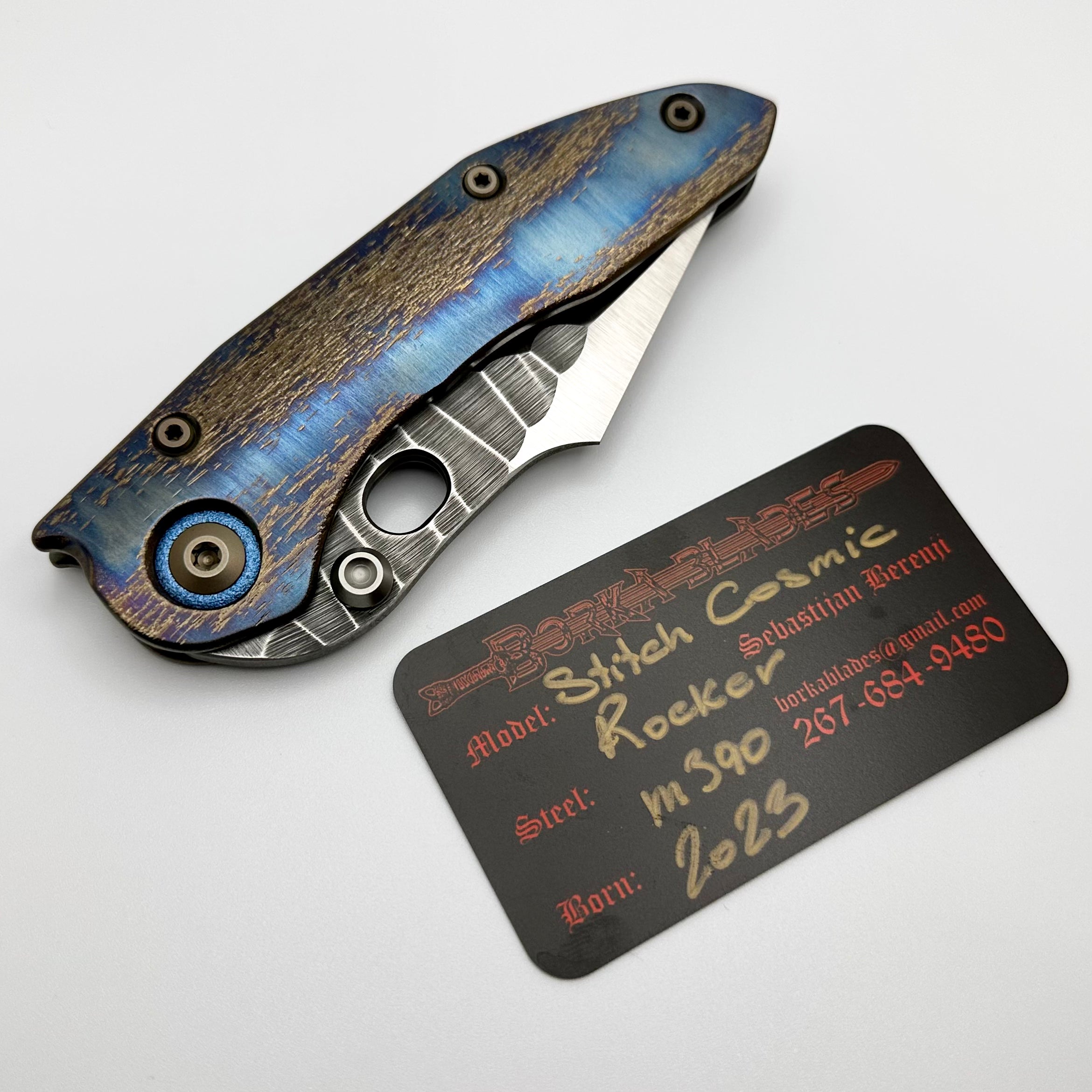 Premium Borka Blades Custom Rocker Cosmic Stitch Knife with Rock Grind Blade & Blue Pivot Collars