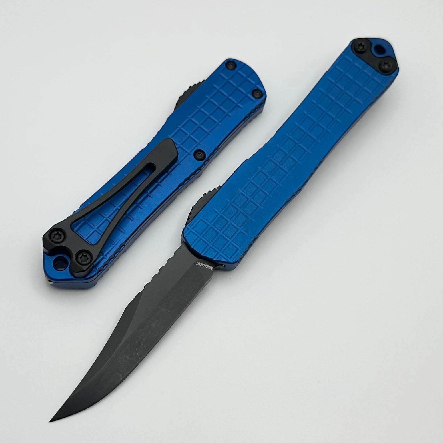 Heretic Knives Manticore S: Premium Compact OTF Knife in Blue Grenade Frag with DLC Bowie Magnacut Blade