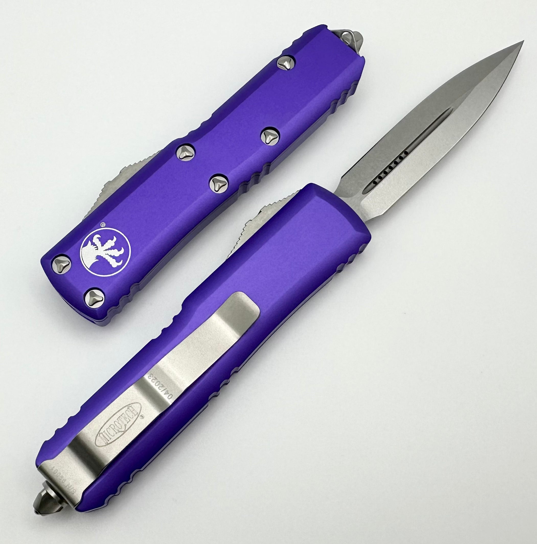 Premium Microtech UTX-85 Double Edge Tactical Knife - Stonewash & Purple Finish