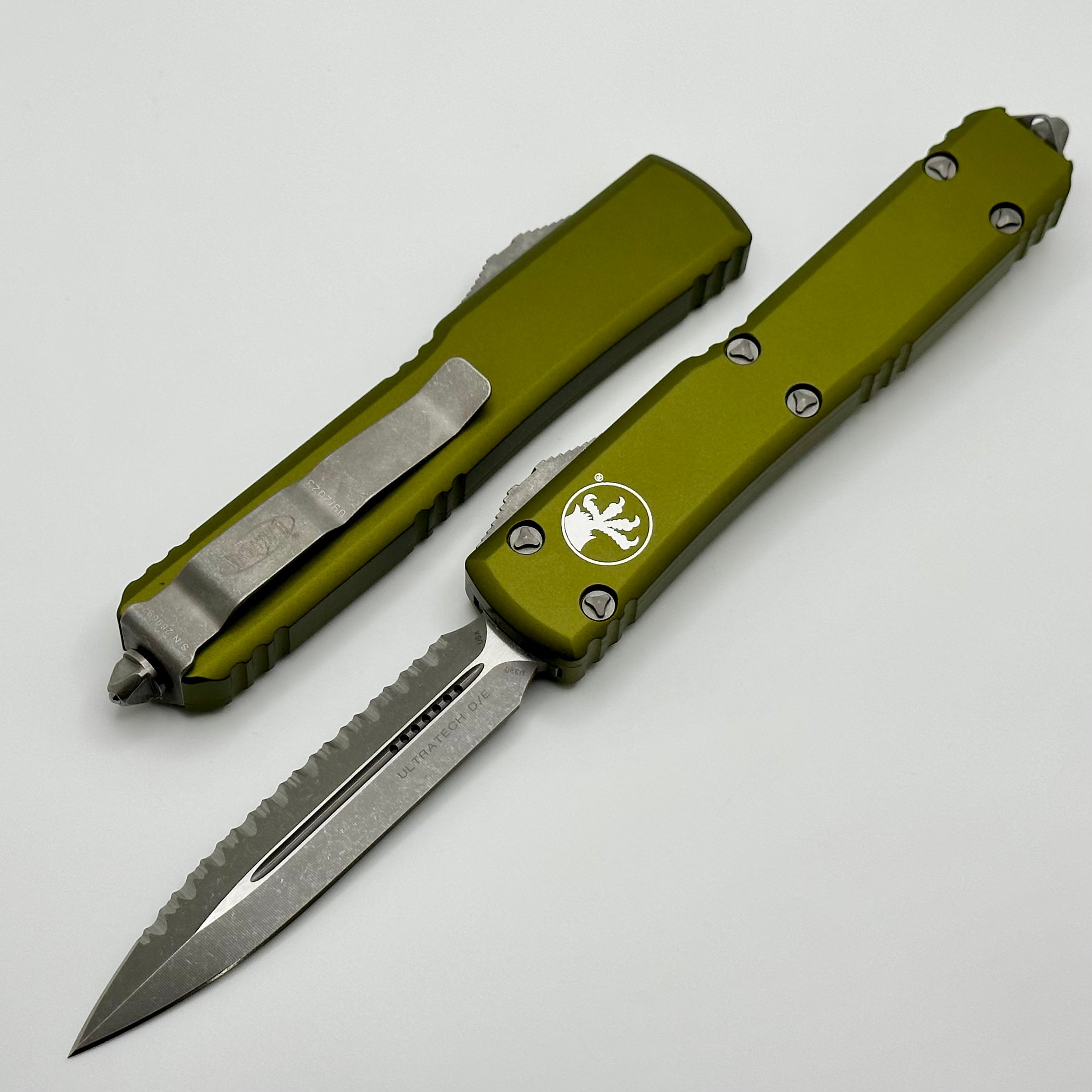 Microtech Ultratech Premium OTF Knife - Apocalyptic Full Serrated & OD Green