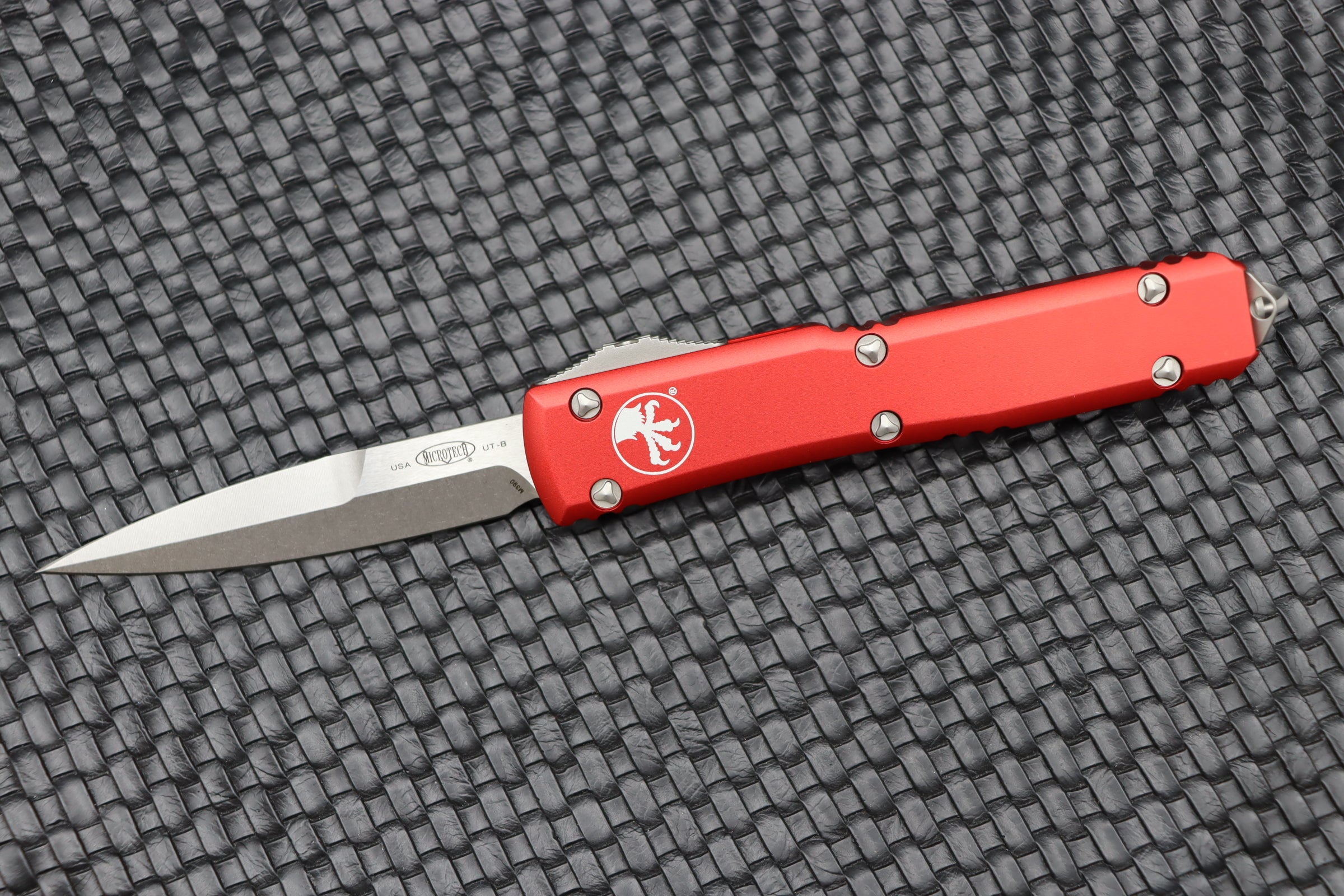 Microtech Ultratech Premium OTF Knife - Bayonet Grind Stonewash Finish (Red Edition)