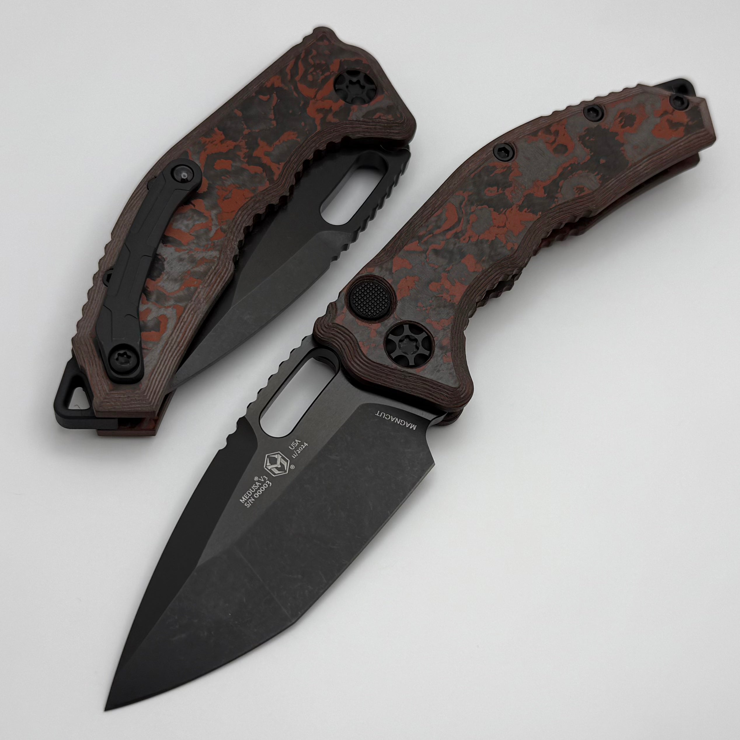 Heretic Knives Premium Medusa Tactical Knife - Blood Red Carbon Camo with DLC Tanto MagnaCut Blade