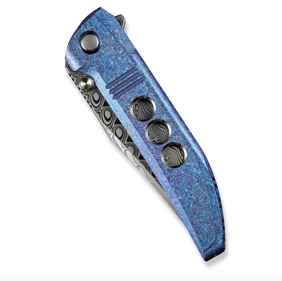 WE Knife Ezinta Flipper: Premium Crystalized Blue/Purple Titanium Integral Handle with Damasteel Blade