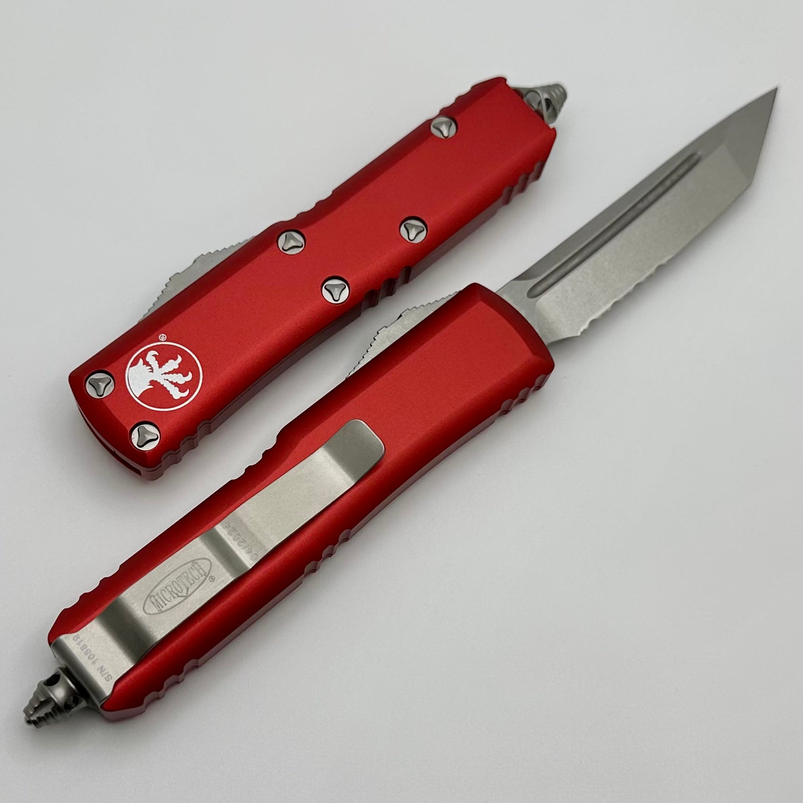 Microtech UTX-85 Tanto Tactical EDC Knife - Stonewash Finish with Partial Serration & Red Handle