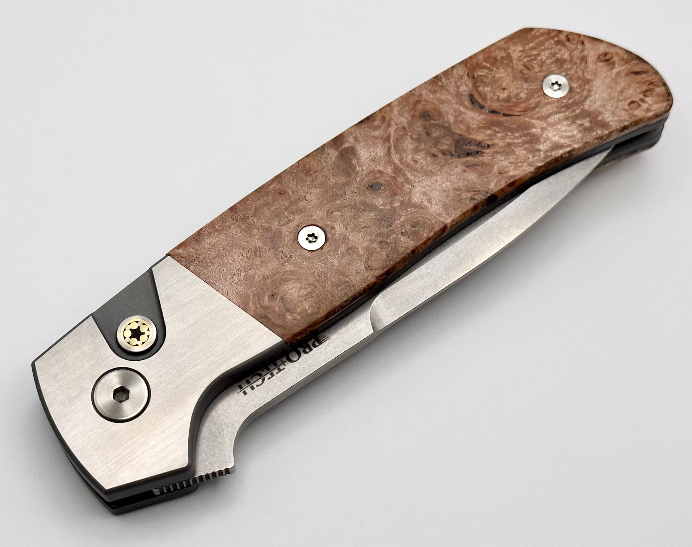 Premium Pro-Tech ATCF Knife: Maple Burl Inlays & Stonewash MagnaCut Blade