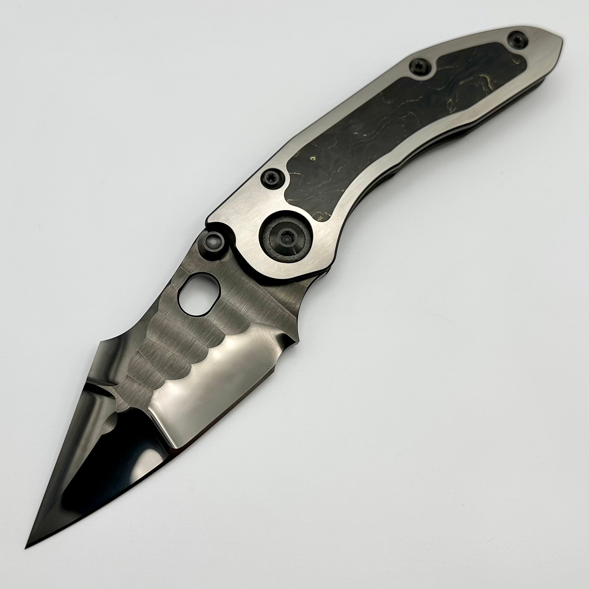 Premium Marfione Custom Knives & Borka Blades Darkstar Stitch - Diamond Wash & Rocked Double Star Grind M390, Two Tone Satin/DLC, Peso Gold Carbon Fiber Inlaid Titanium (Pre-Owned)