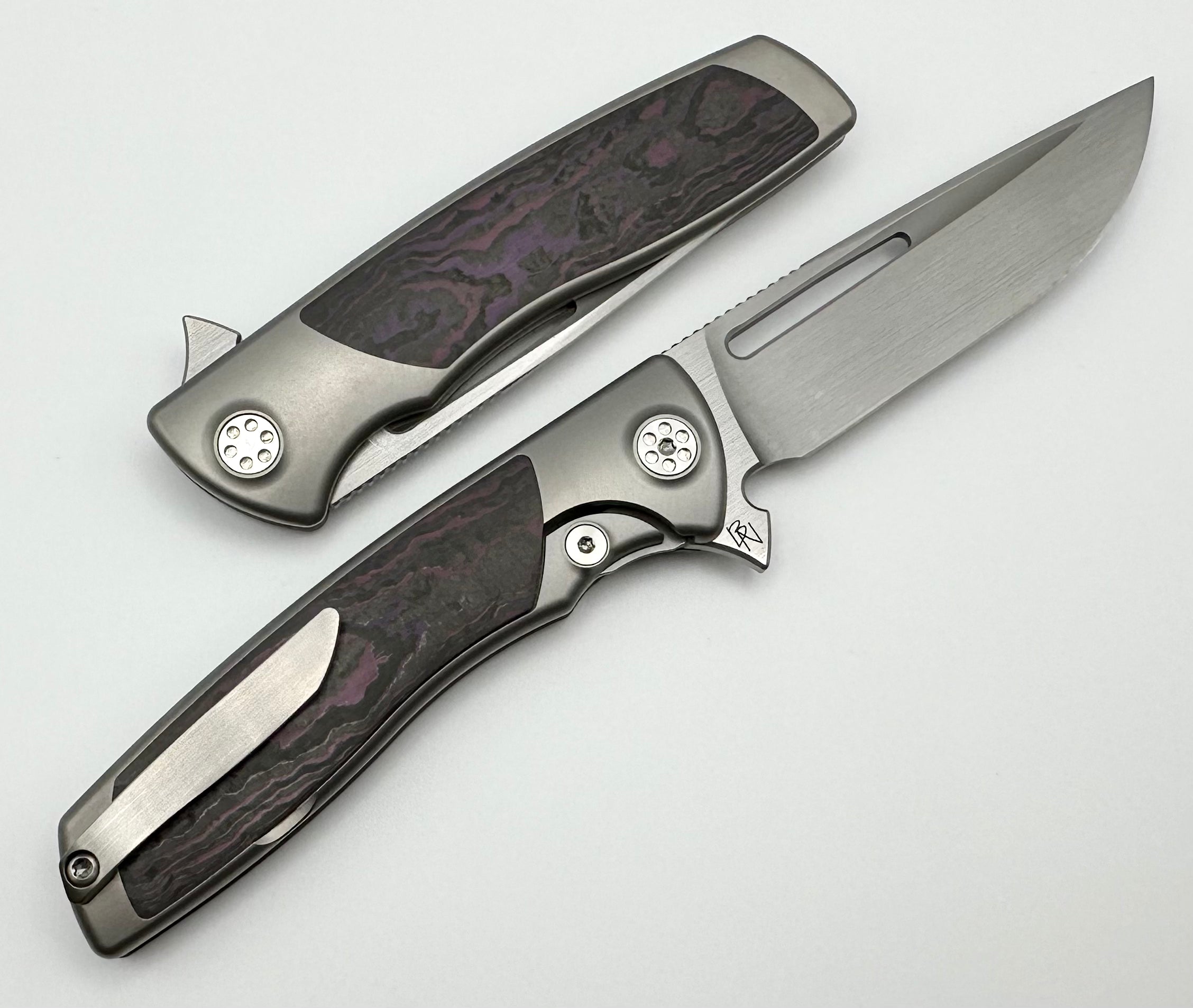 Premium SharpByDesign Mini Evo: Purple Haze Fat Carbon Edition with M390 Drop Point