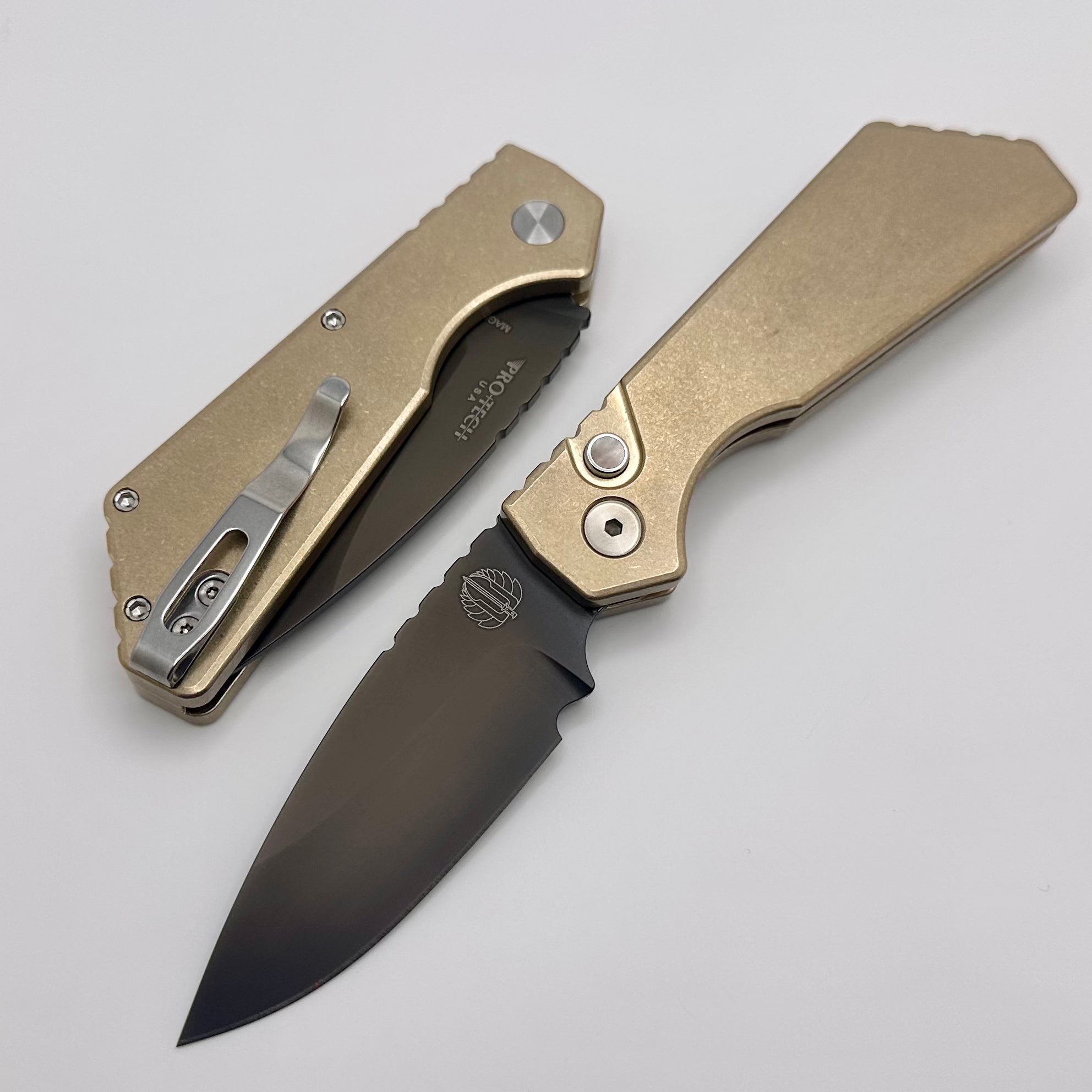 Pro-Tech PT Plus Premium Stonewash Knife - ALBronze Handle & Smokey Gray DLC MagnaCut Blade