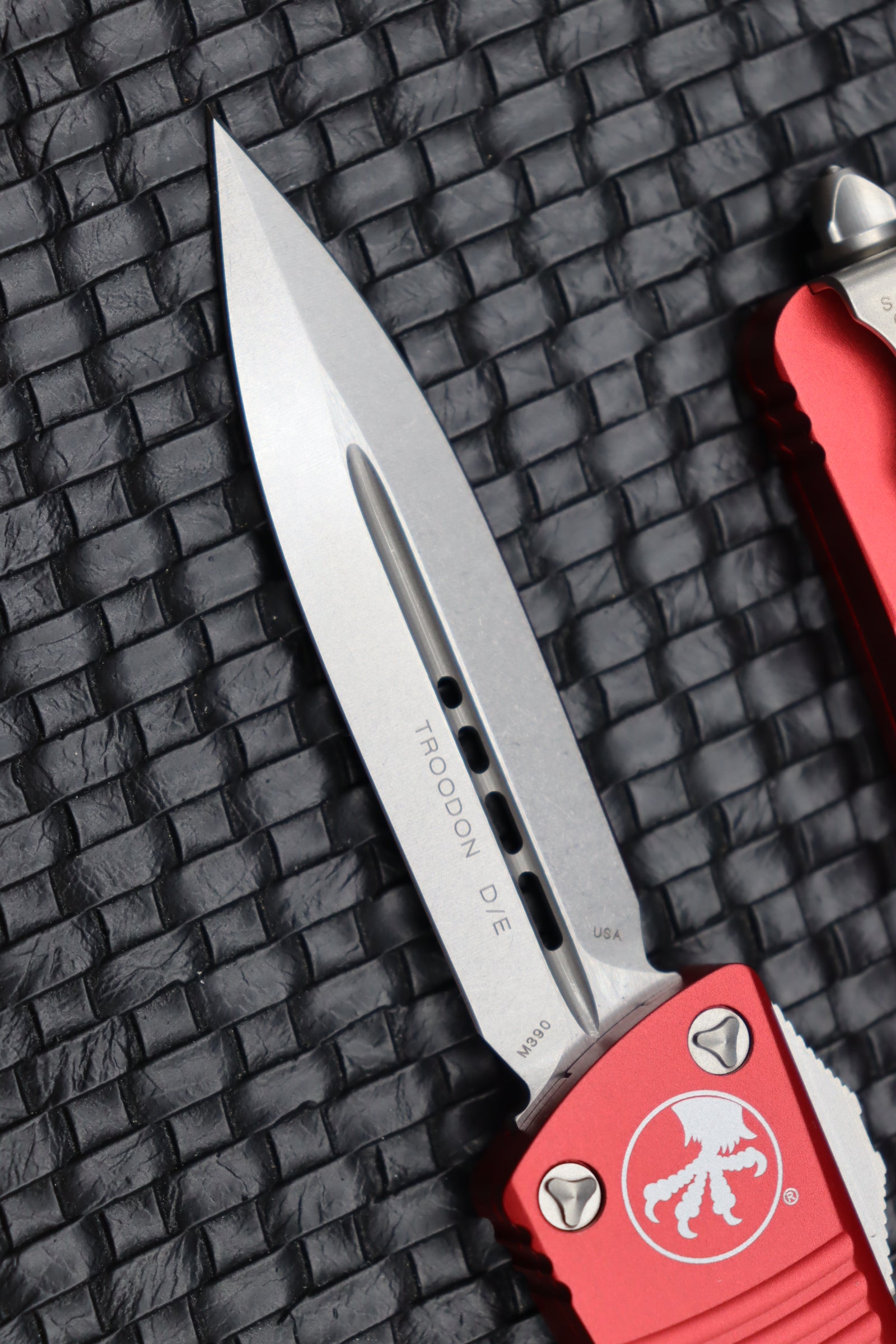 Microtech Troodon Stonewash Premium Double Edge Knife with Red Accents