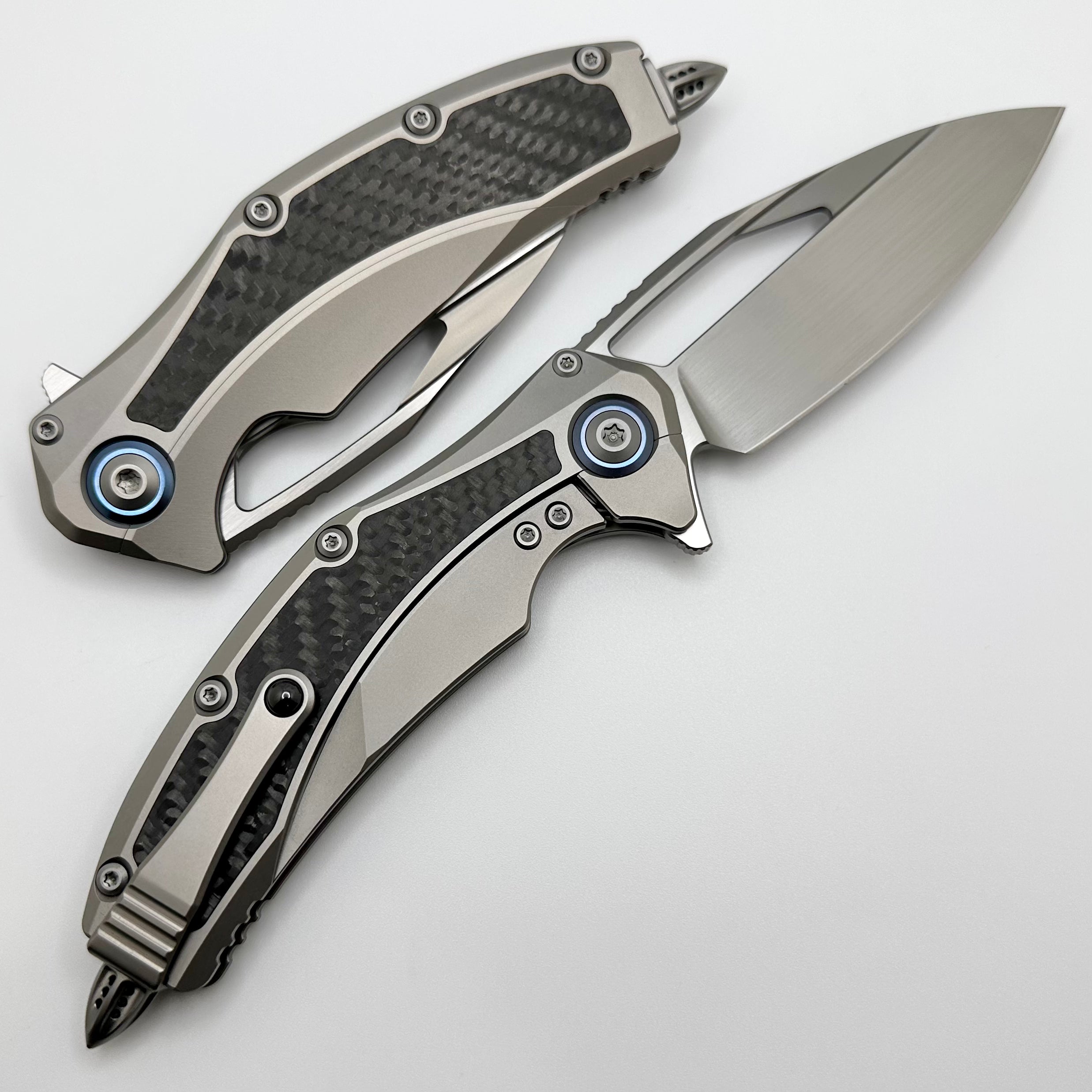 Premium Microtech Matrix Titanium Knife with Carbon Fiber Inlays & Blue Ti Pivot Collars