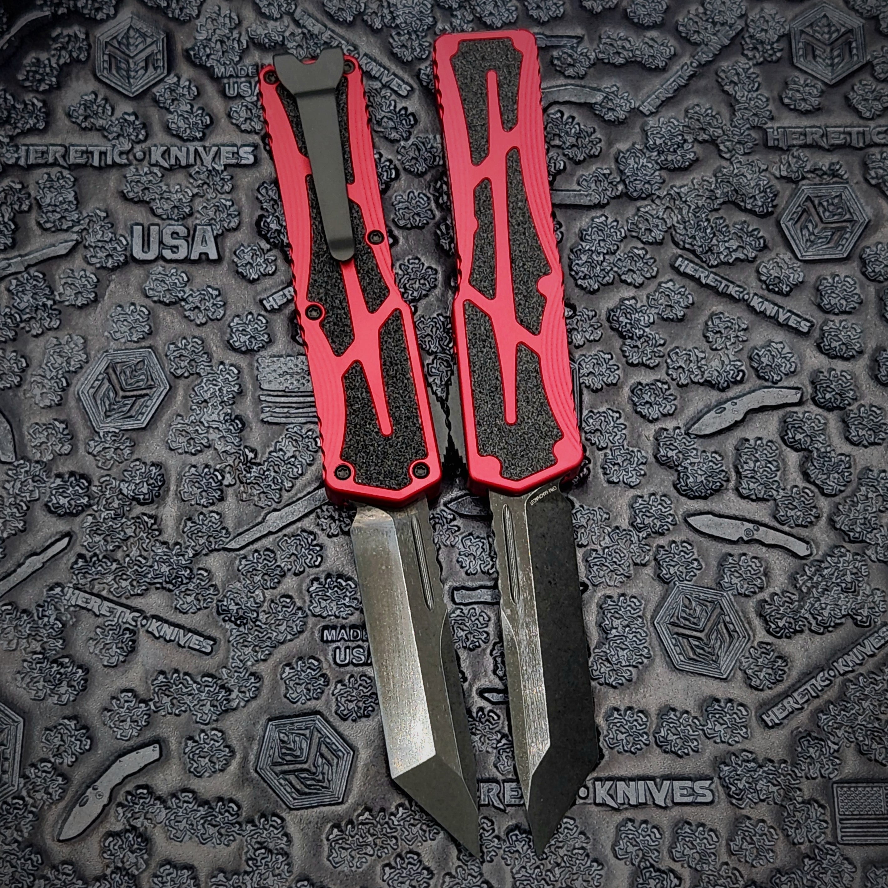 Heretic Knives Colossus DLC Tanto Magnacut - Premium Red Aluminum Handle