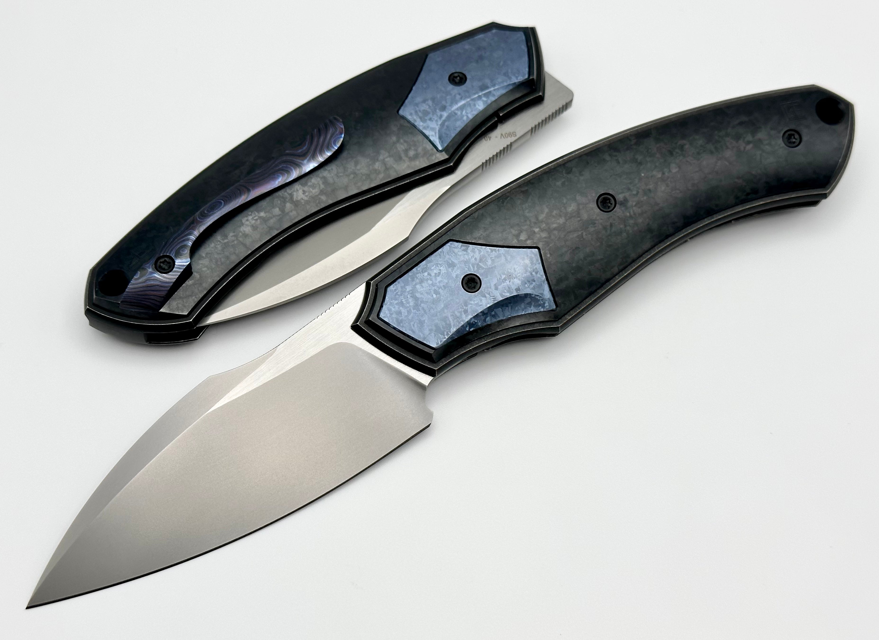 Premium Custom Knife Factory Davless: Crystal Ti & Blue Crystal Ti with CKF Wash S90V Blade