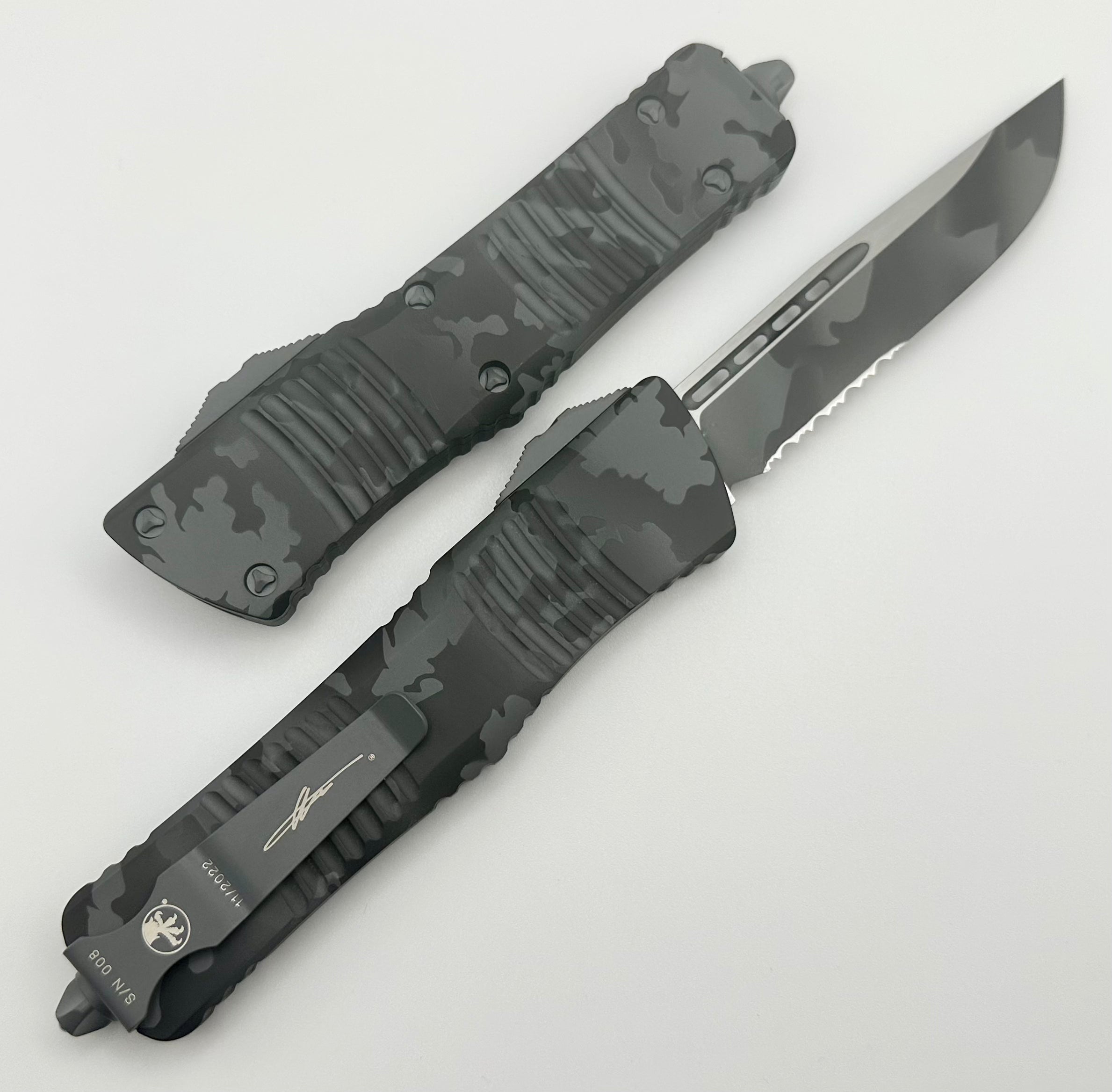 Microtech Combat Troodon Urban Camo Tactical OTF Knife - Premium Single Edge with Partial Serration