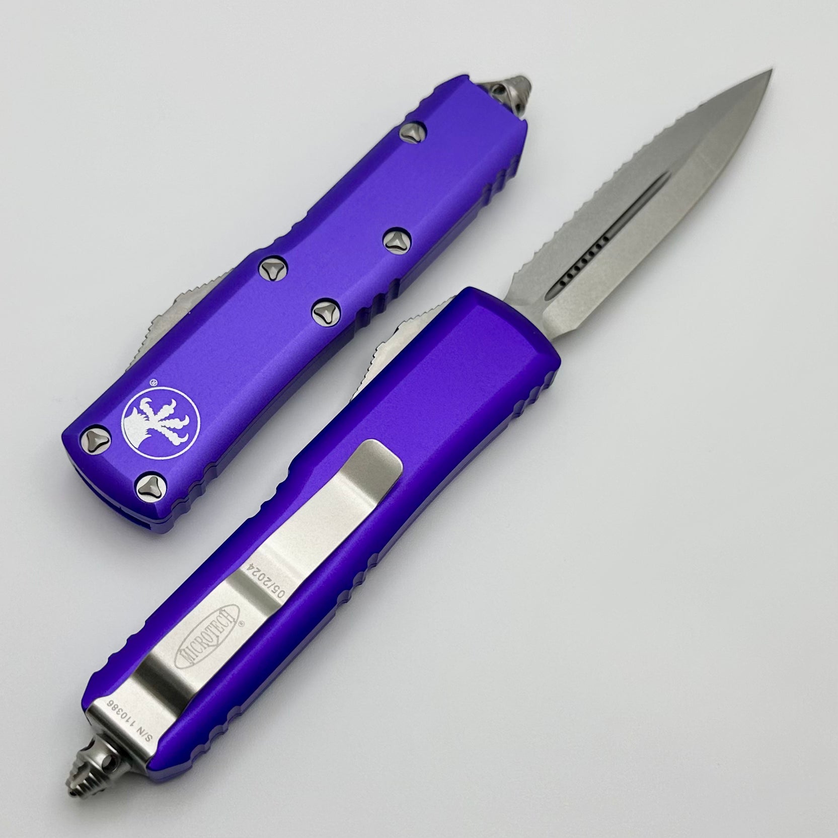 Microtech UTX-85 Premium EDC Knife - Double Edge, Stonewash, Full Serrated & Purple