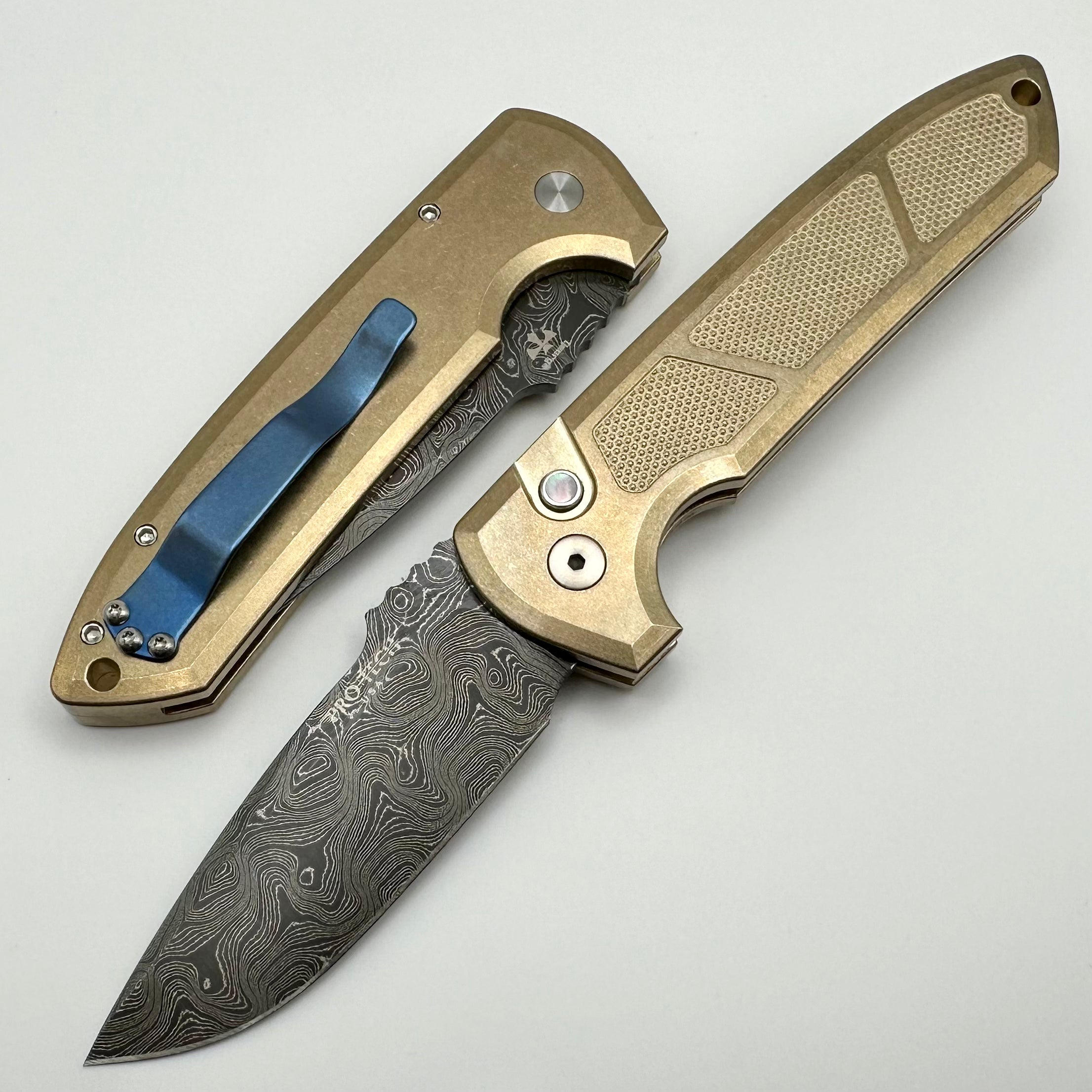 Ultimate Pro-Tech Rockeye Custom Knife - Premium AlBronze Handle & Nichols Damascus Blade