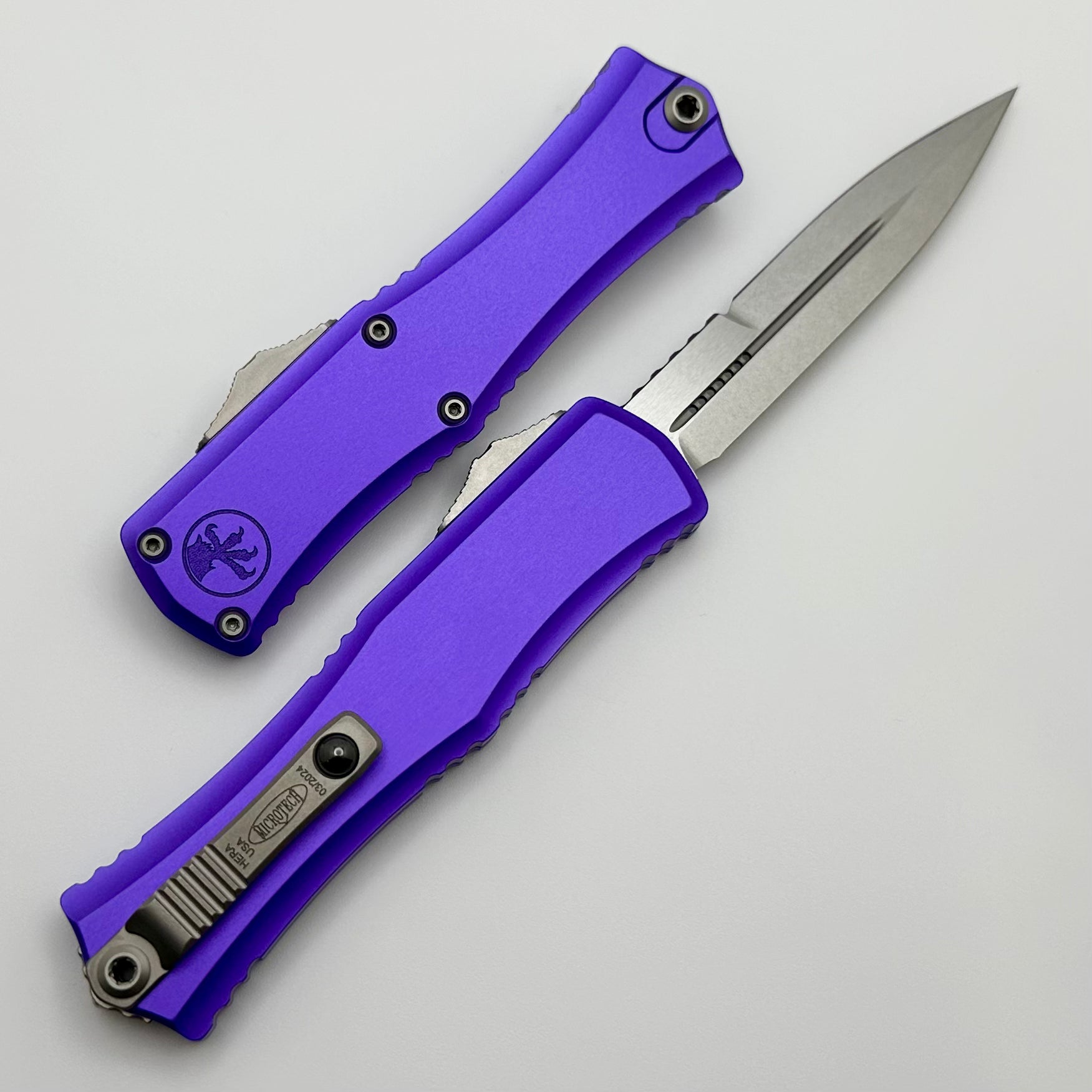 Premium Microtech Mini Hera OTF Knife - M390MK Stonewash Blade & Purple Aluminum Handle