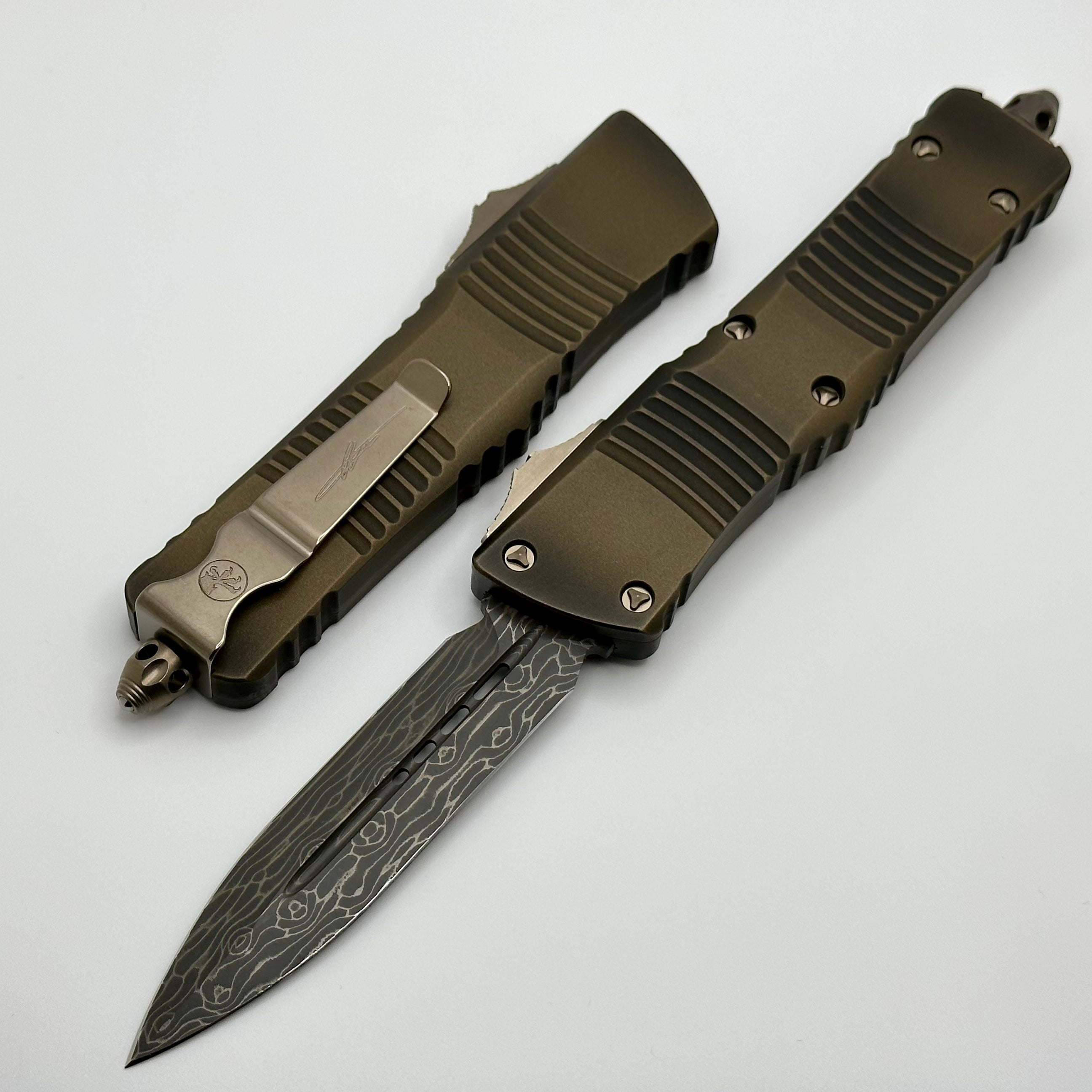 Premium Microtech Combat Troodon - Antique Bronze with Bronzed Damascus Double Edge