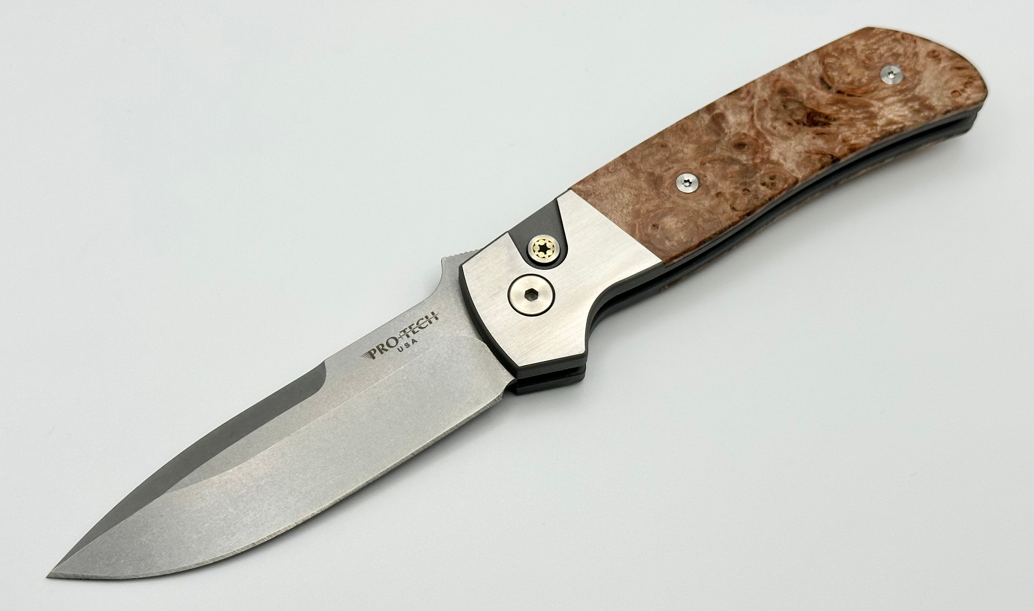 Premium Pro-Tech ATCF Knife: Maple Burl Inlays & Stonewash MagnaCut Blade