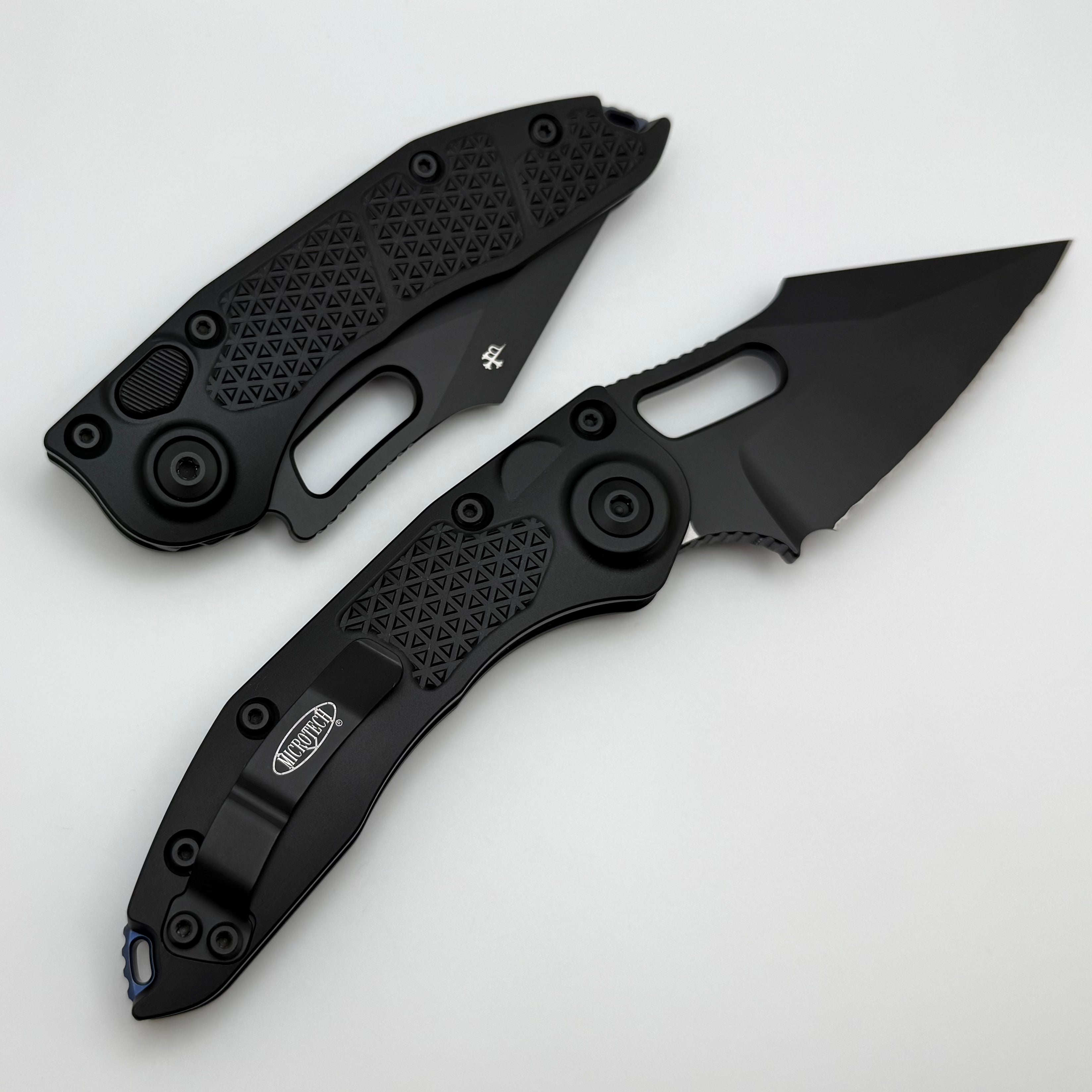 Microtech Borka Stitch S/E Full Serrated Tactical Knife with Blue Titanium Backspacer