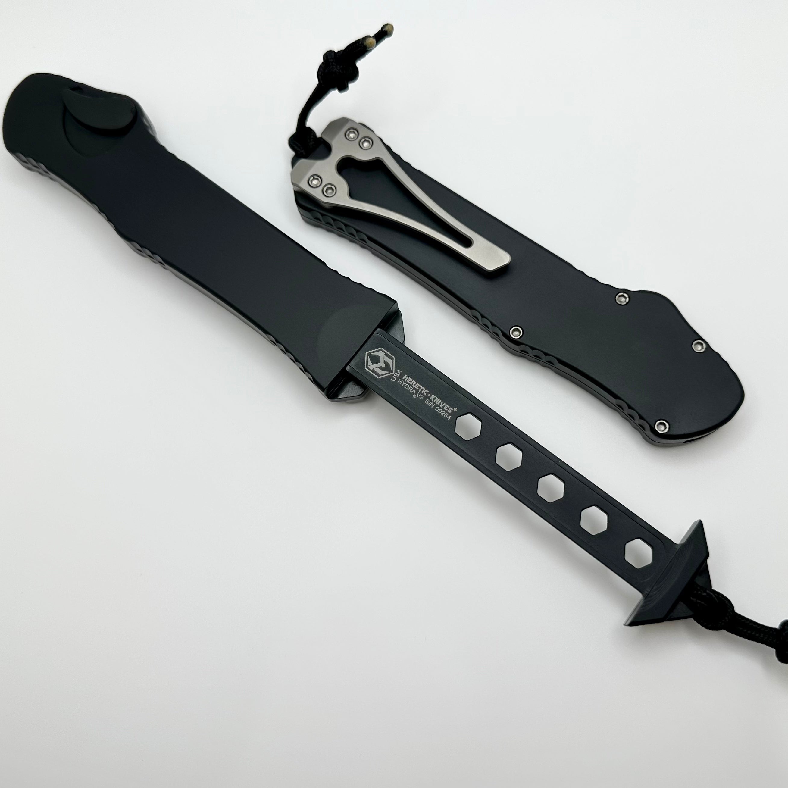 Heretic Hydra V3 Ultimate Tactical Knife - Black Aluminum Handle & Satin Recurve MagnaCut