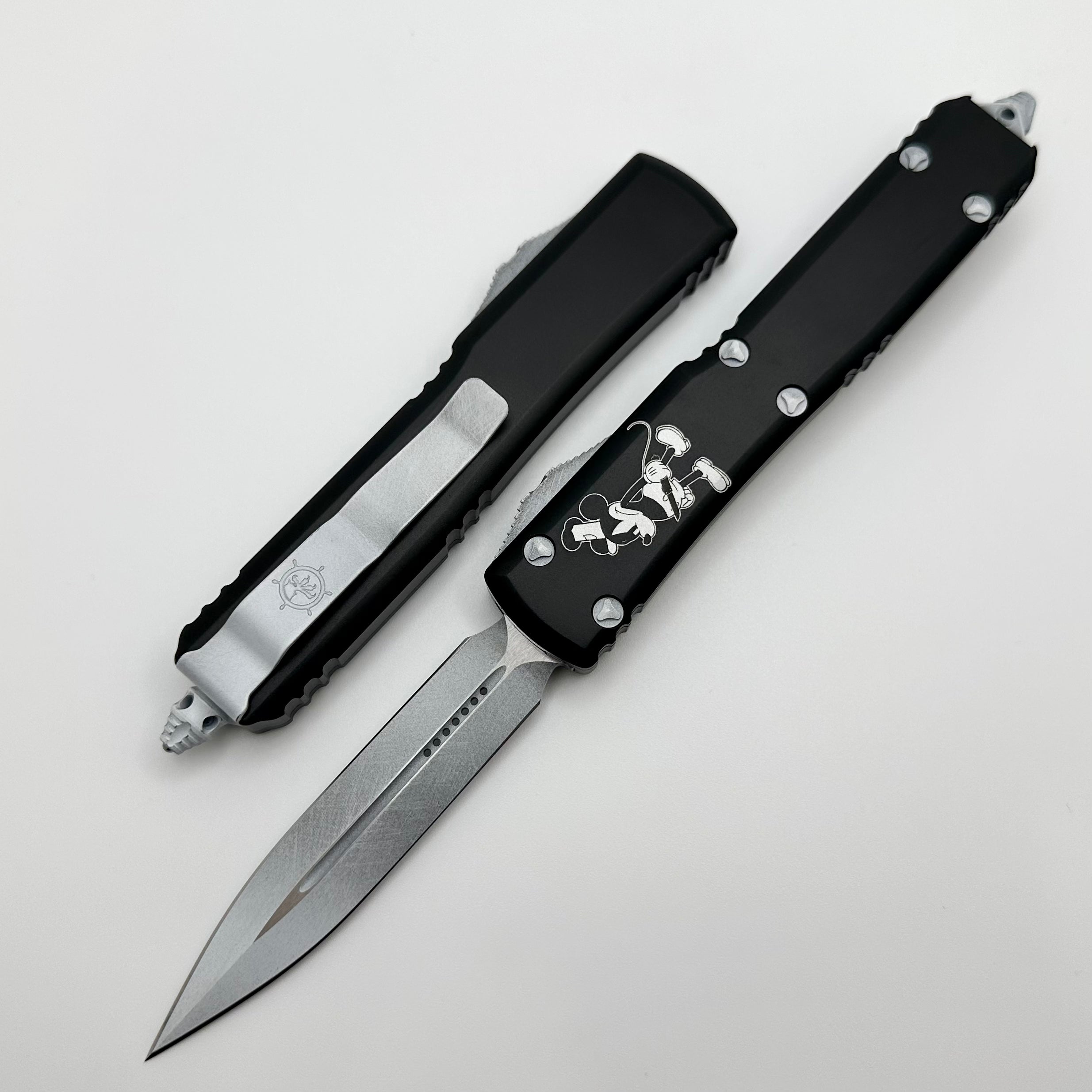 Premium Microtech Ultratech Steamboat Willie OTF Knife - Dirty White Double Edge