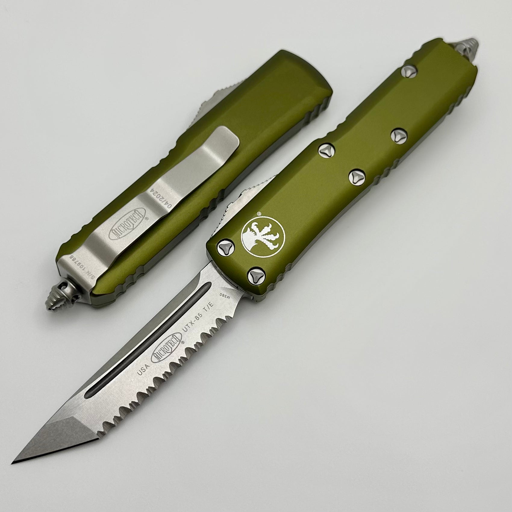 Premium Microtech UTX-85 Tanto Tactical Knife | OD Green Full Serrated Edge