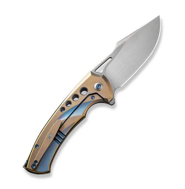 Premium WE Knife Swiftfin: Golden/Blue Titanium Handles with Blue Holes & Hand Satin 20CV Blade WE23051-4