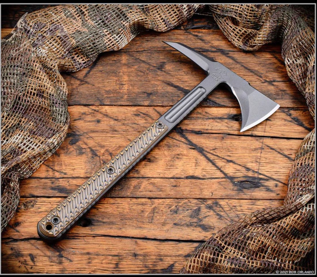 RMJ Tactical Kestrel 13 - Ultimate 80CRV2 Tomahawk with Hyena Brown G-10 Handle