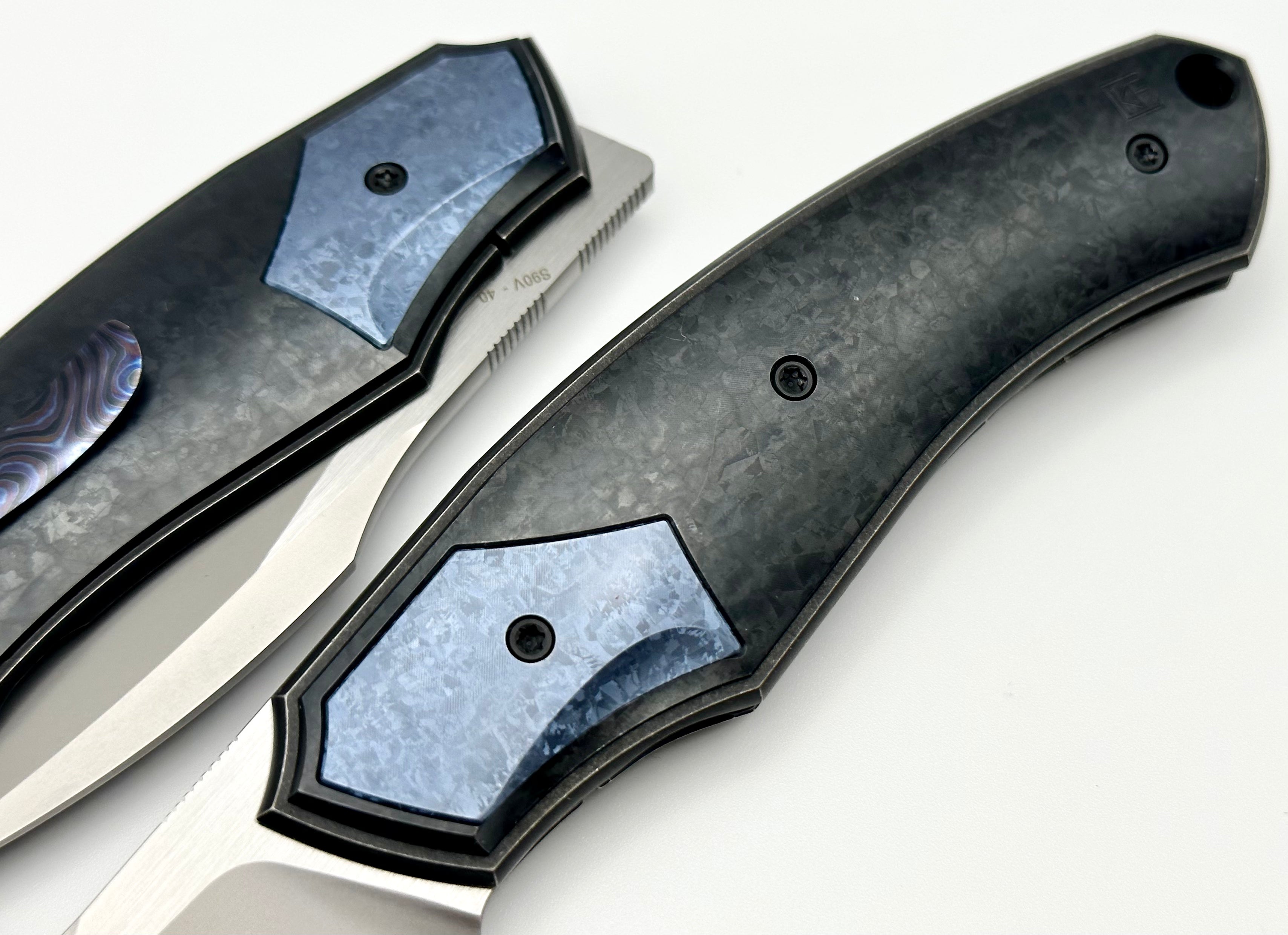 Premium Custom Knife Factory Davless: Crystal Ti & Blue Crystal Ti with CKF Wash S90V Blade