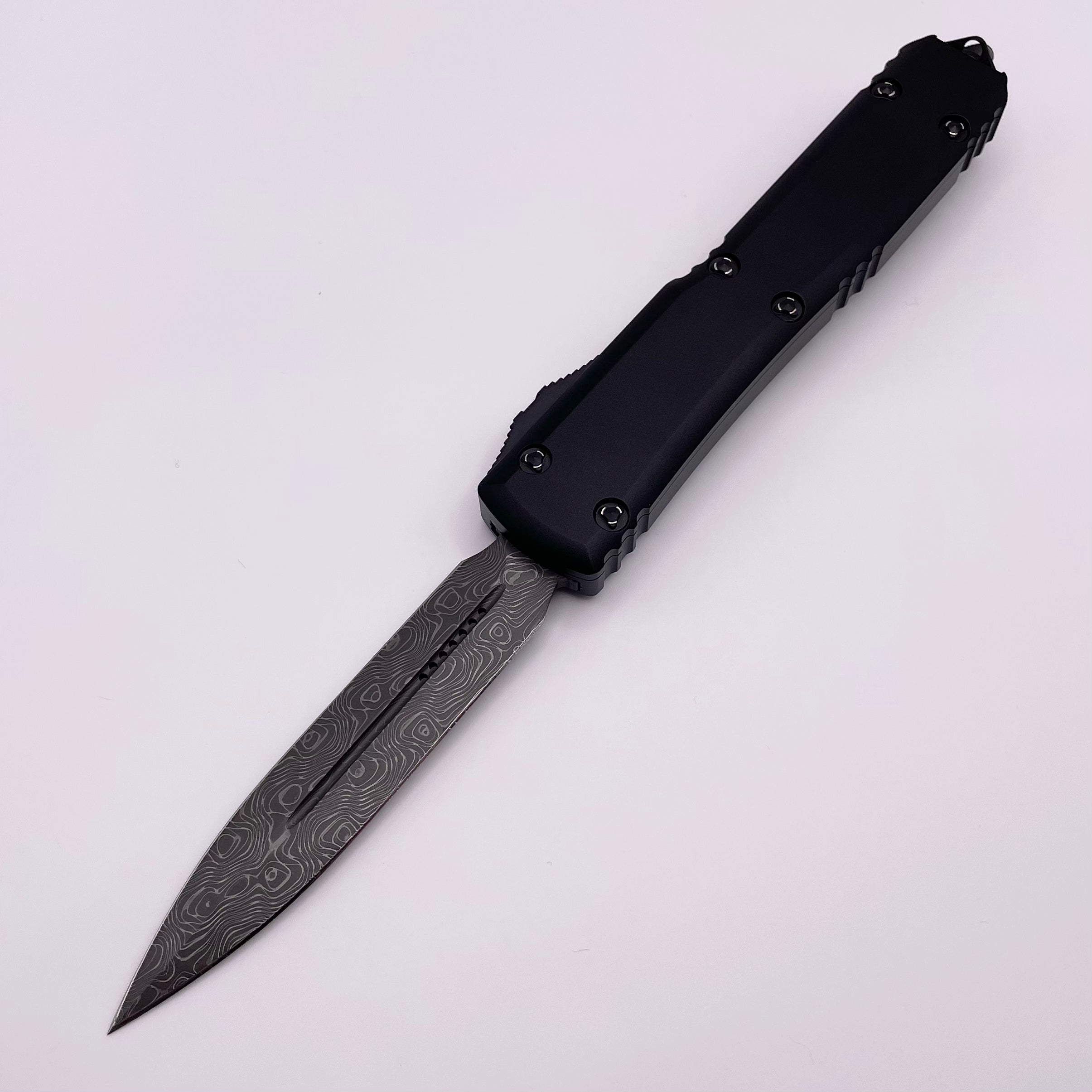 Premium Pre-Owned Microtech Ultratech Damascus Double Edge Knife - Signature Series with Black Ringed Hardware