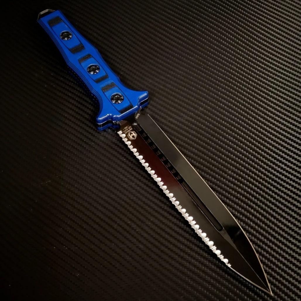 Heretic Knives Nephilim Ultimate Tactical Dagger - Black/Blue G-10 Handle & Double Edge Full Serrated Blade