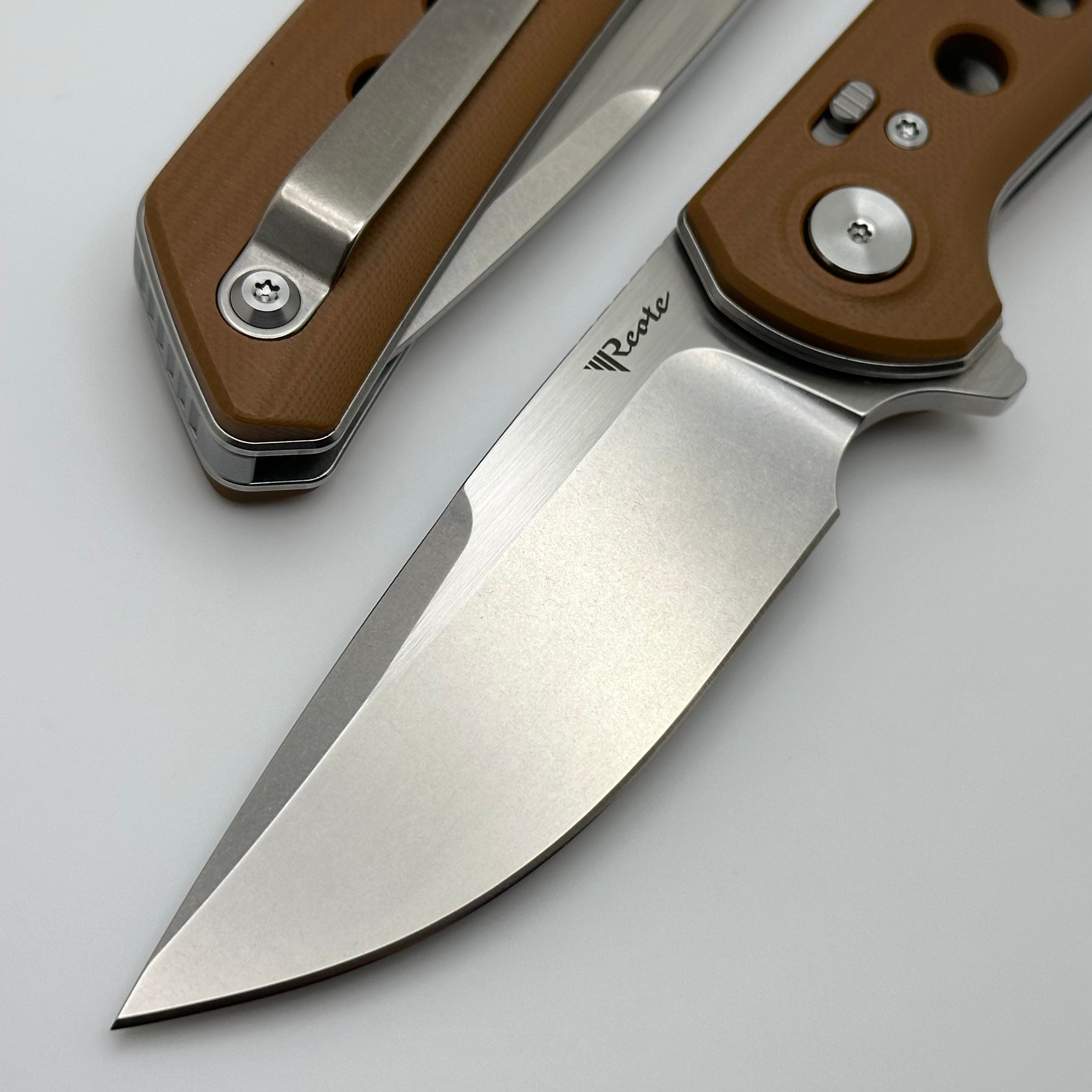 Reate Knives PL-XF Premium Folding Knife - Tan G-10 Handles & Stonewash Nitro-V Blade