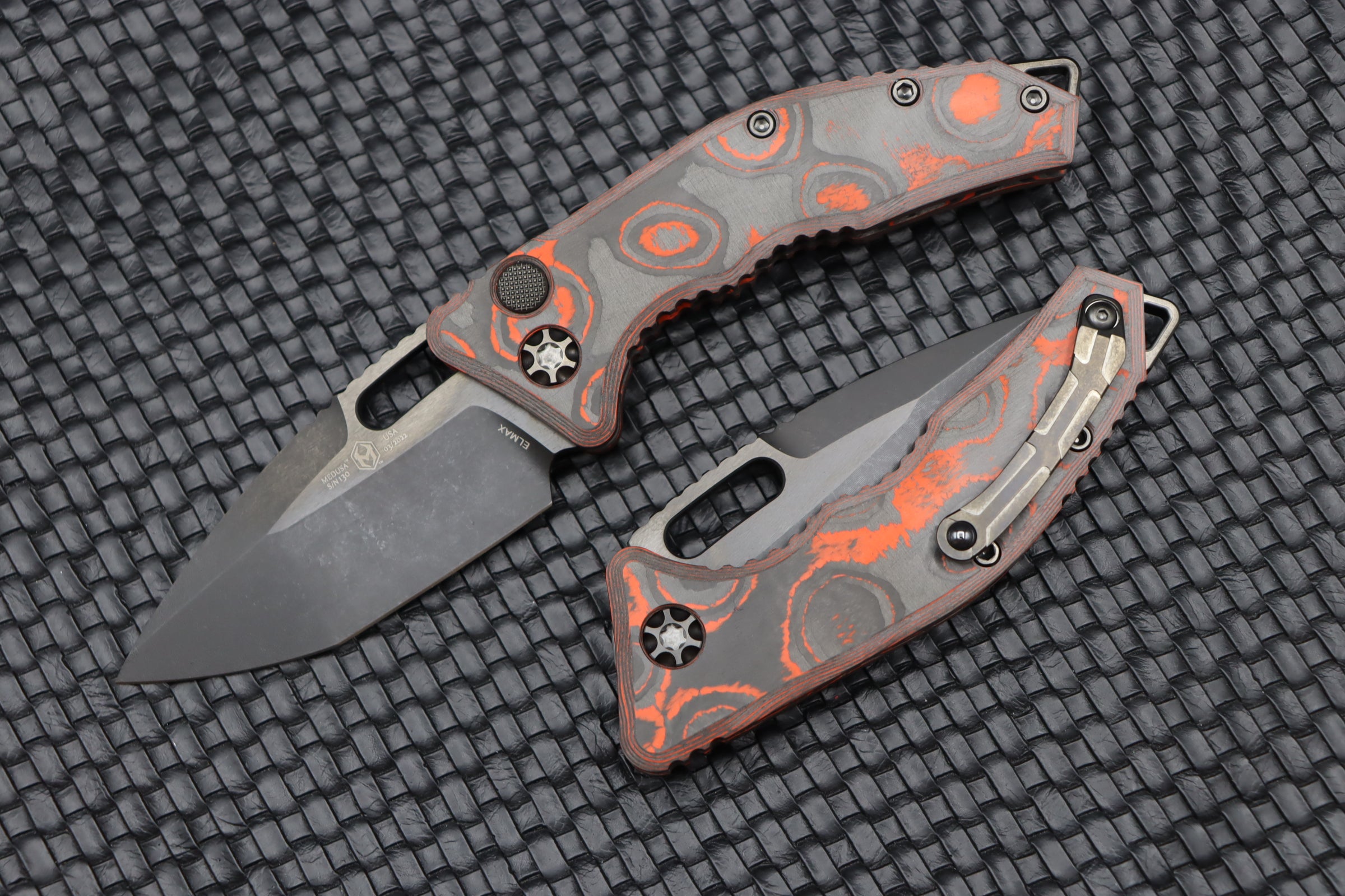 Premium Heretic Knives Medusa: Orange Camo Carbon Handles & DLC Tanto Blade