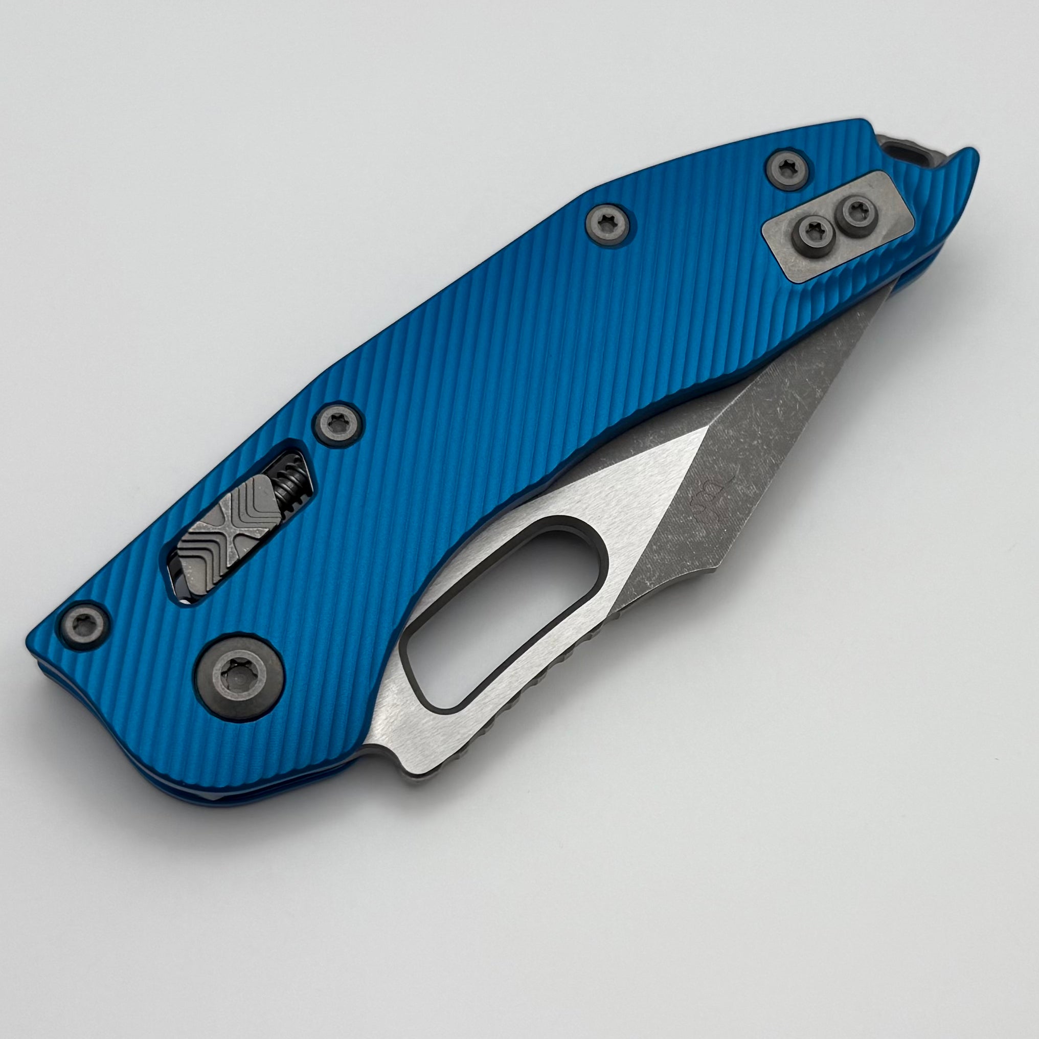 Premium Microtech Stitch RAM LOK Knife - Blue Aluminum, Serrated M390MK Blade