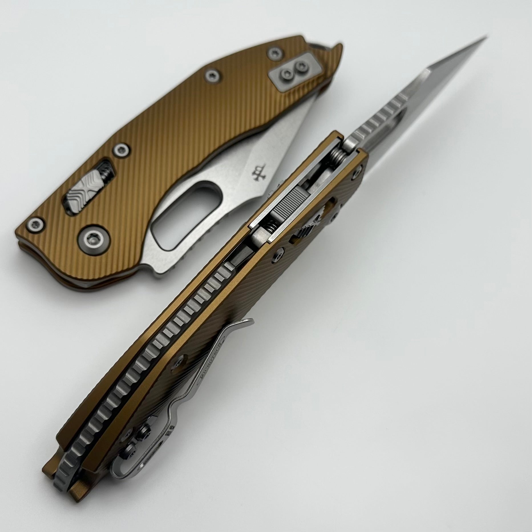 Premium Microtech Stitch RAM LOK Knife - Tan Aluminum, Partial Serrated M390MK