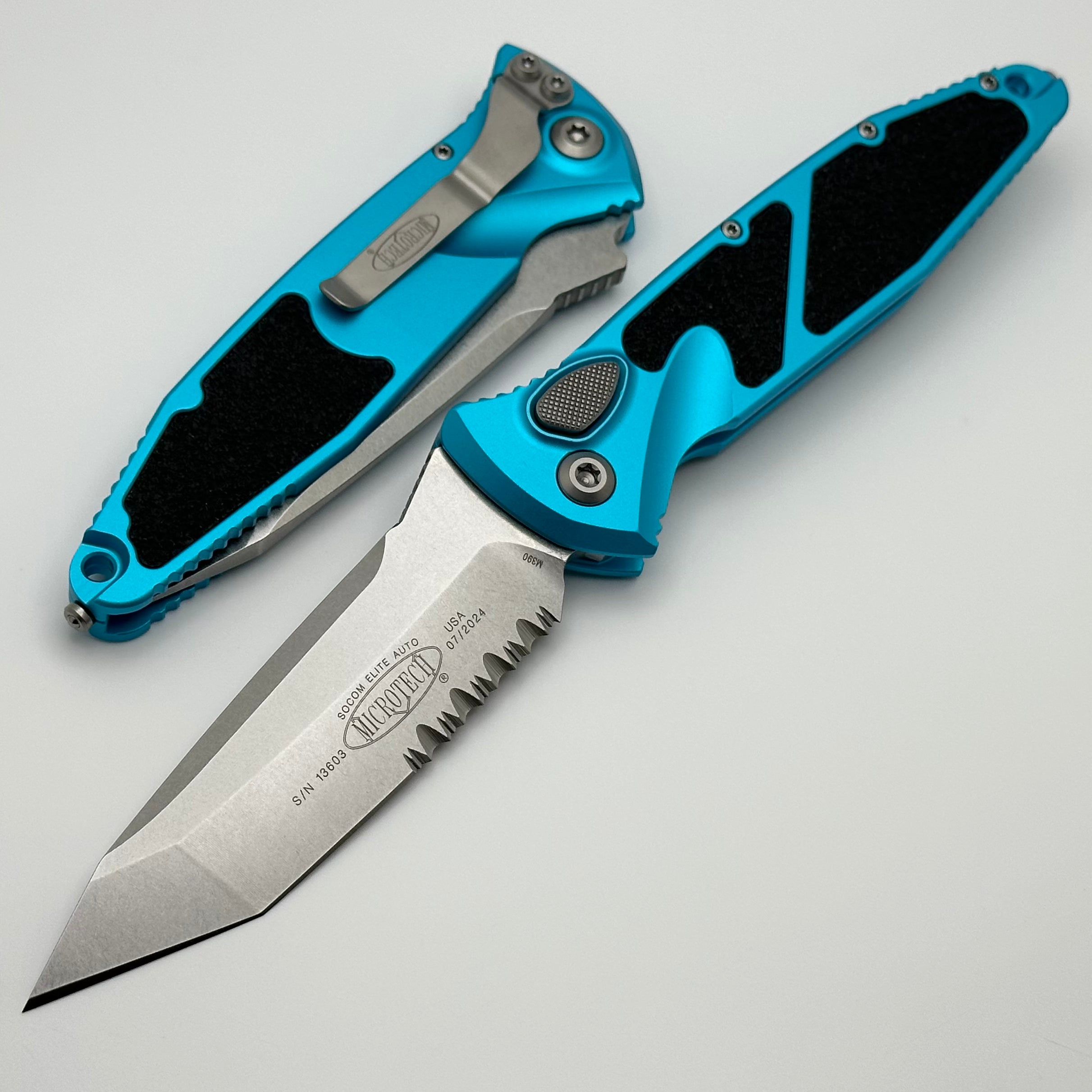 Microtech Socom Elite Auto Tactical Knife - Turquoise Handles, Stonewash Tanto Partial Serrated Blade