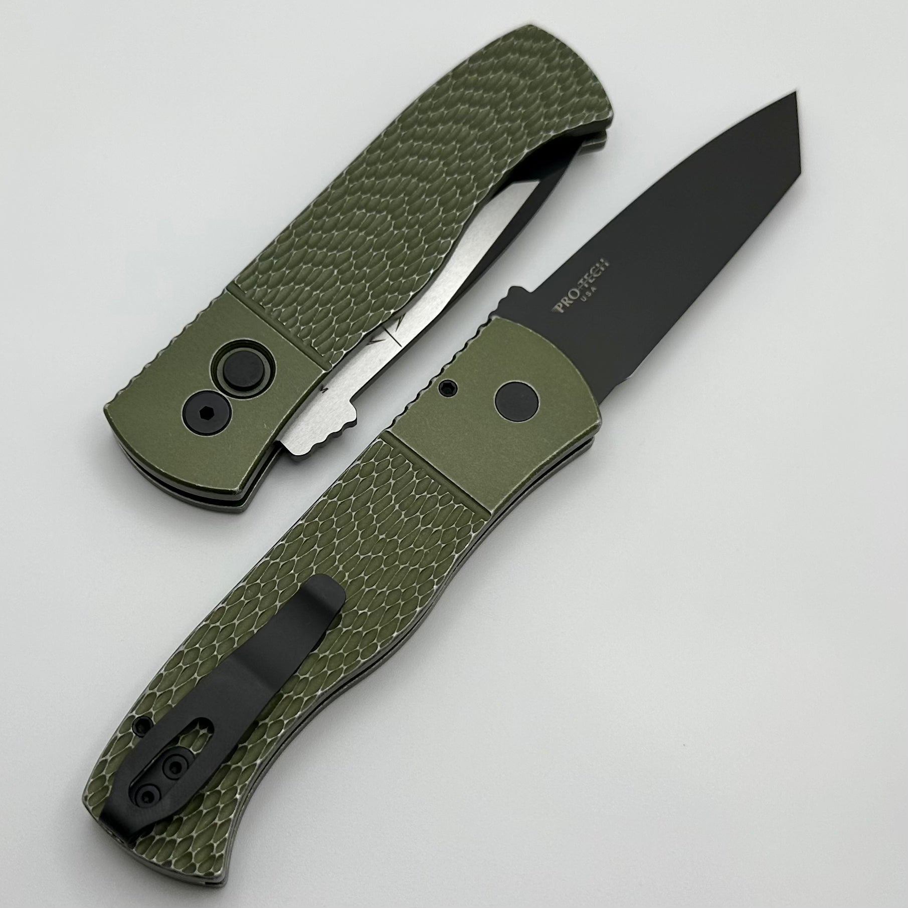 Pro-Tech Emerson CQC7 Auto Tanto Tactical Knife - Battle Worn Green Handle & 2-Tone DLC/Satin Blade