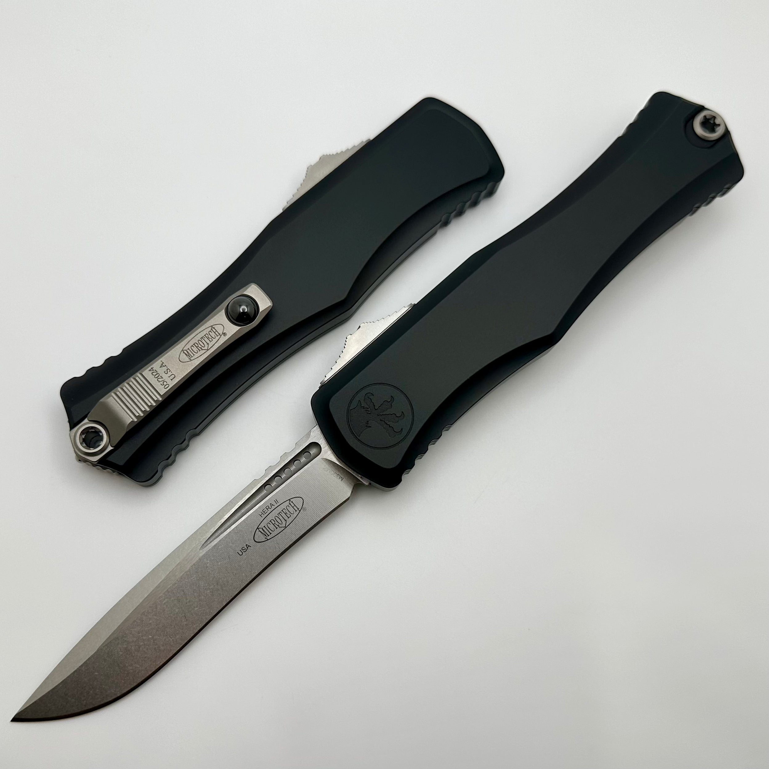 Microtech Hera II Ultimate Stonewash Recurve Knife - Black Handle