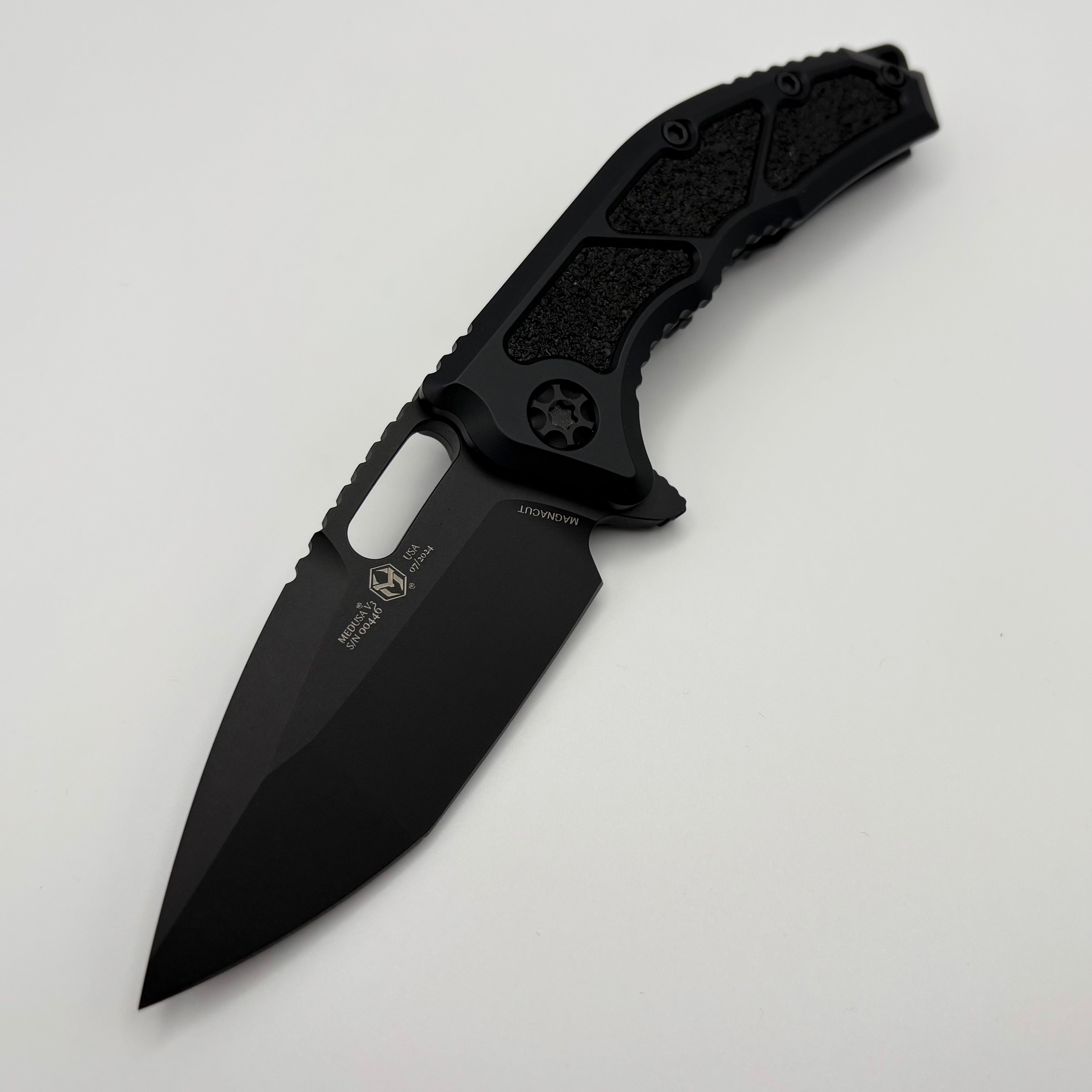 Premium Pre-Owned Heretic Knives Medusa Tactical Folding Knife - Black Aluminum Frame Lock with Grip Inlays & DLC MagnaCut Blade